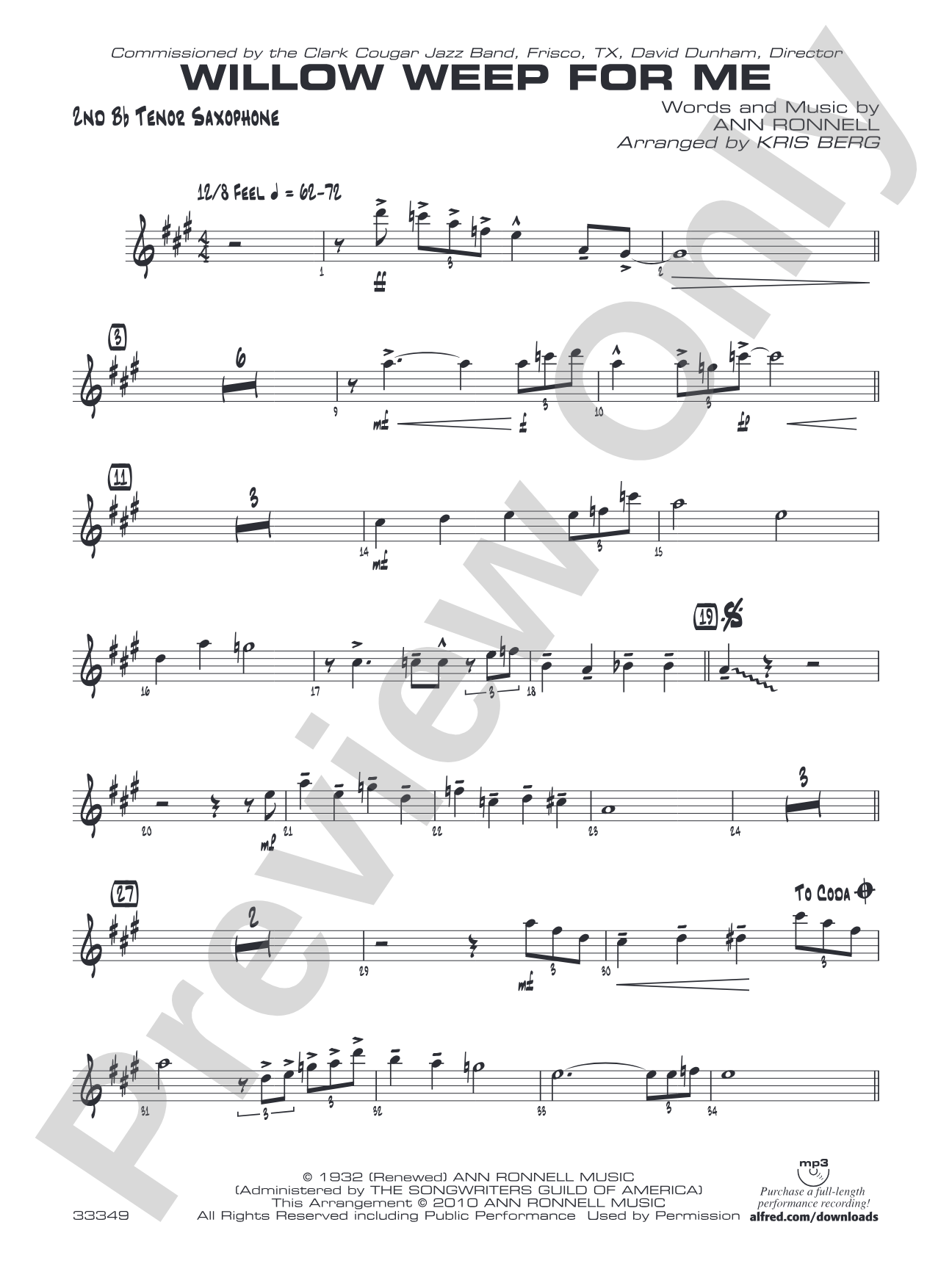 Willow Weep for Me: 2nd B-flat Tenor Saxophone