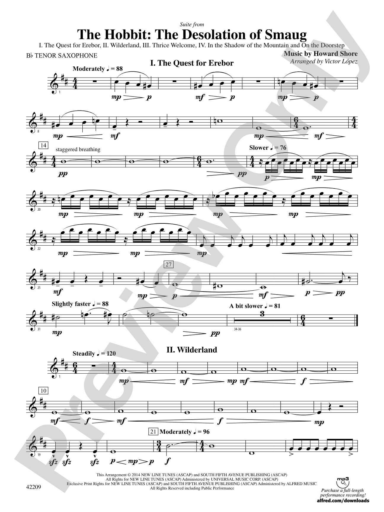 The Hobbit: The Desolation of Smaug, Suite from: B-flat Tenor Saxophone