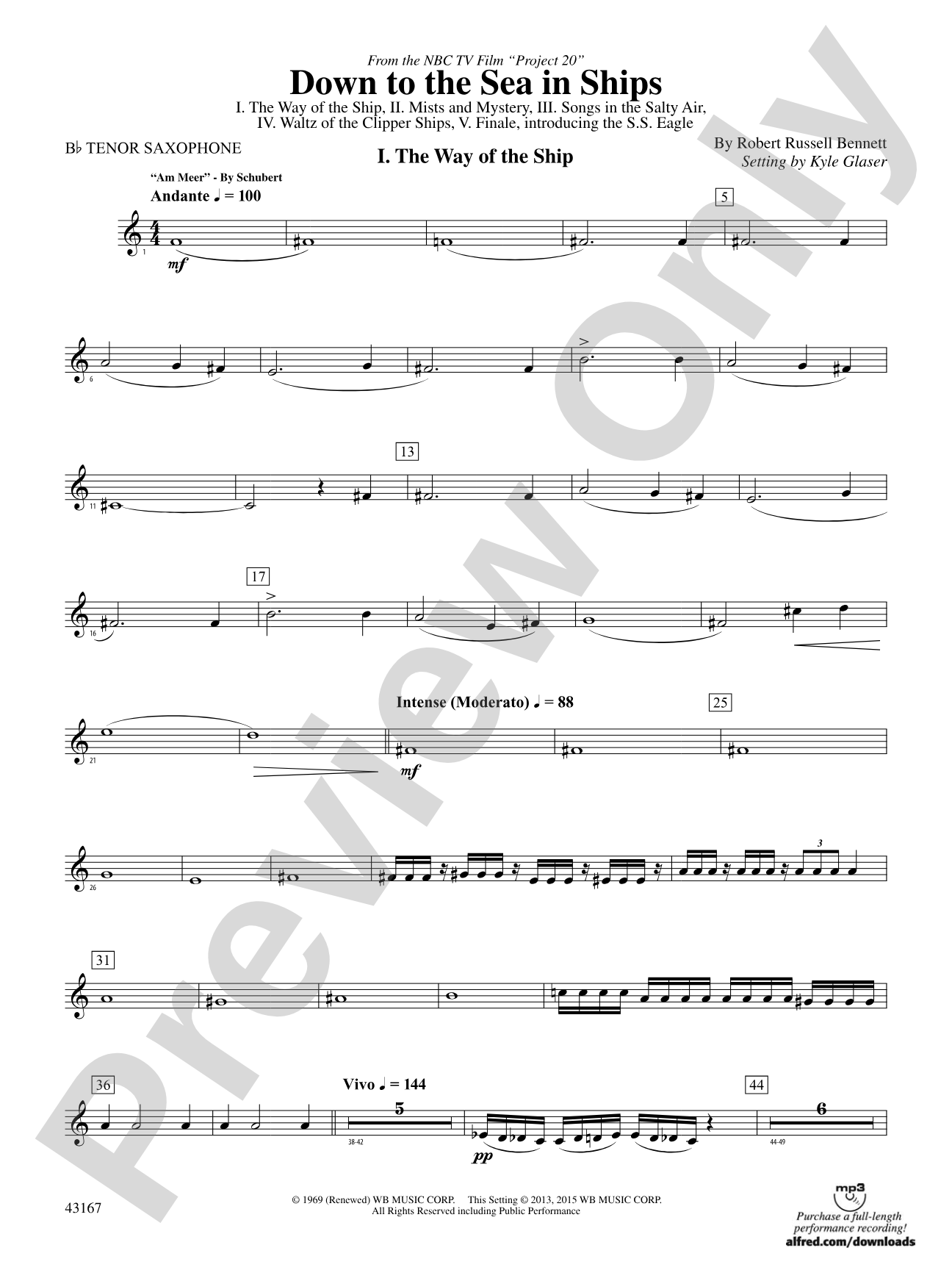 Down to the Sea in Ships (from the NBC TV Film Project 20): B-flat Tenor Saxophone