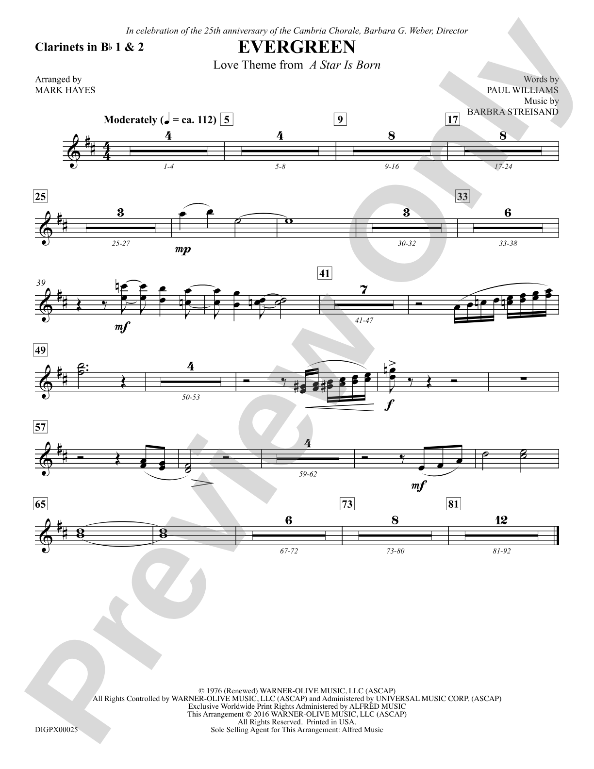 Evergreen (Love Theme from <i>A Star Is Born</i>): 1st & 2nd B-flat Clarinets: Choral SoundPax
