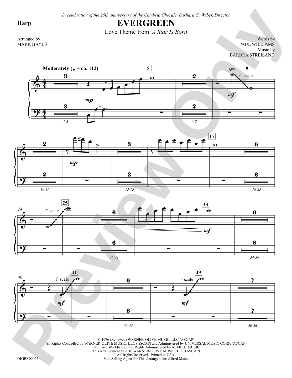 Evergreen (Love Theme from <i>A Star Is Born</i>): Harp: Choral SoundPax