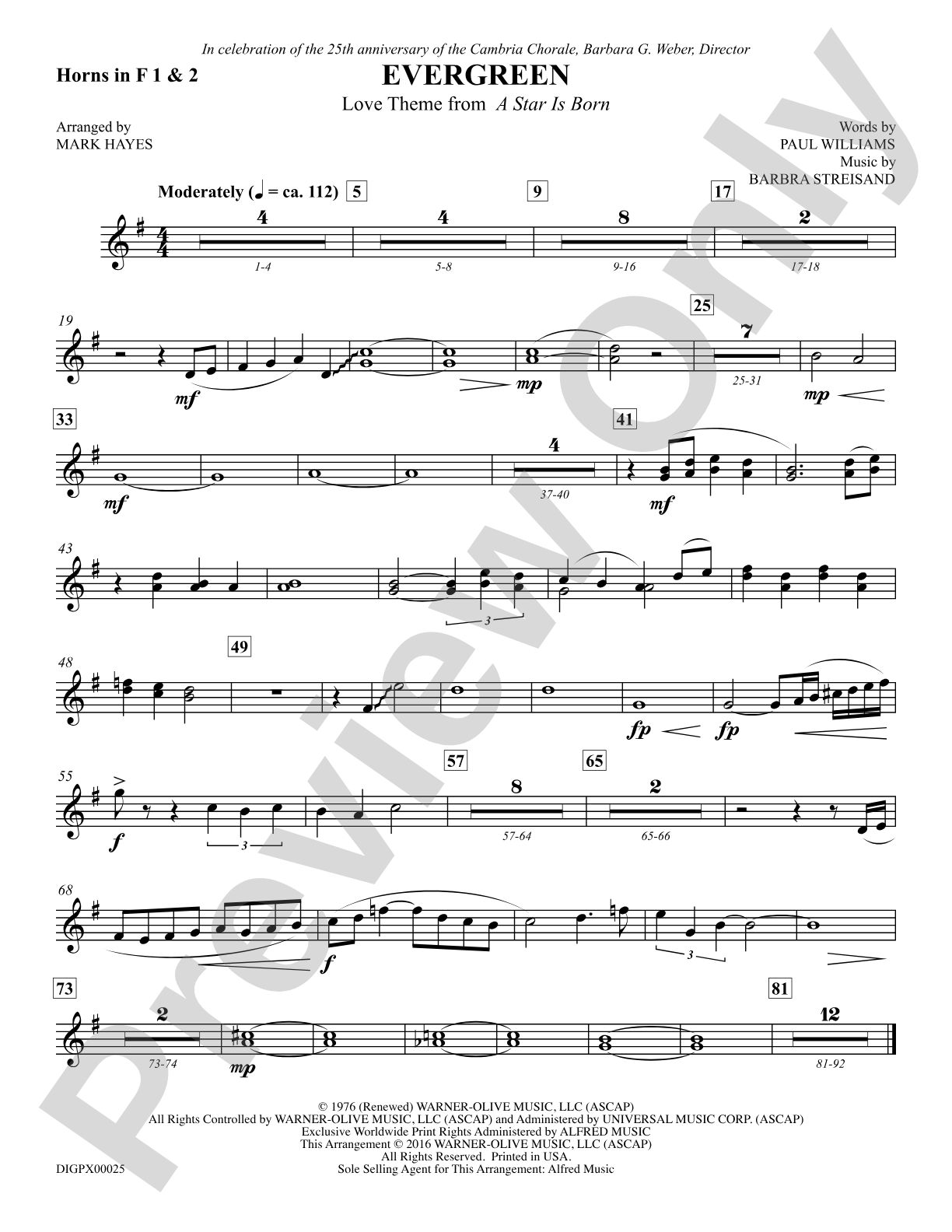 Evergreen (Love Theme from <i>A Star Is Born</i>): 1st & 2nd F Horns: Choral SoundPax