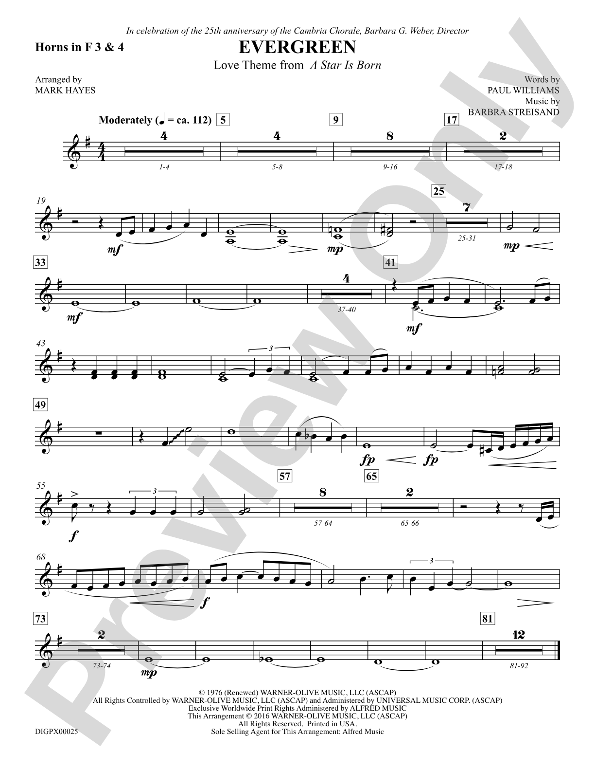 Evergreen (Love Theme from <i>A Star Is Born</i>): 3rd & 4th F Horns: Choral SoundPax