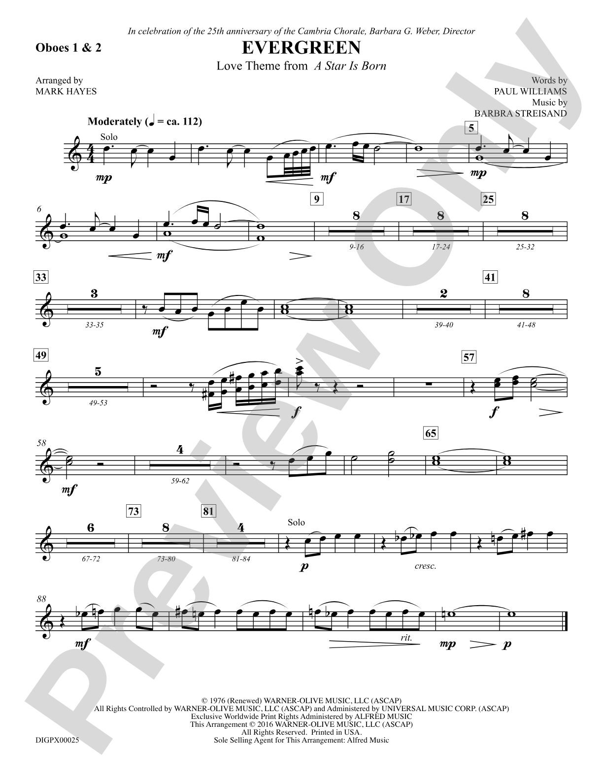 Evergreen (Love Theme from <i>A Star Is Born</i>): Oboes 1 & 2: Choral SoundPax