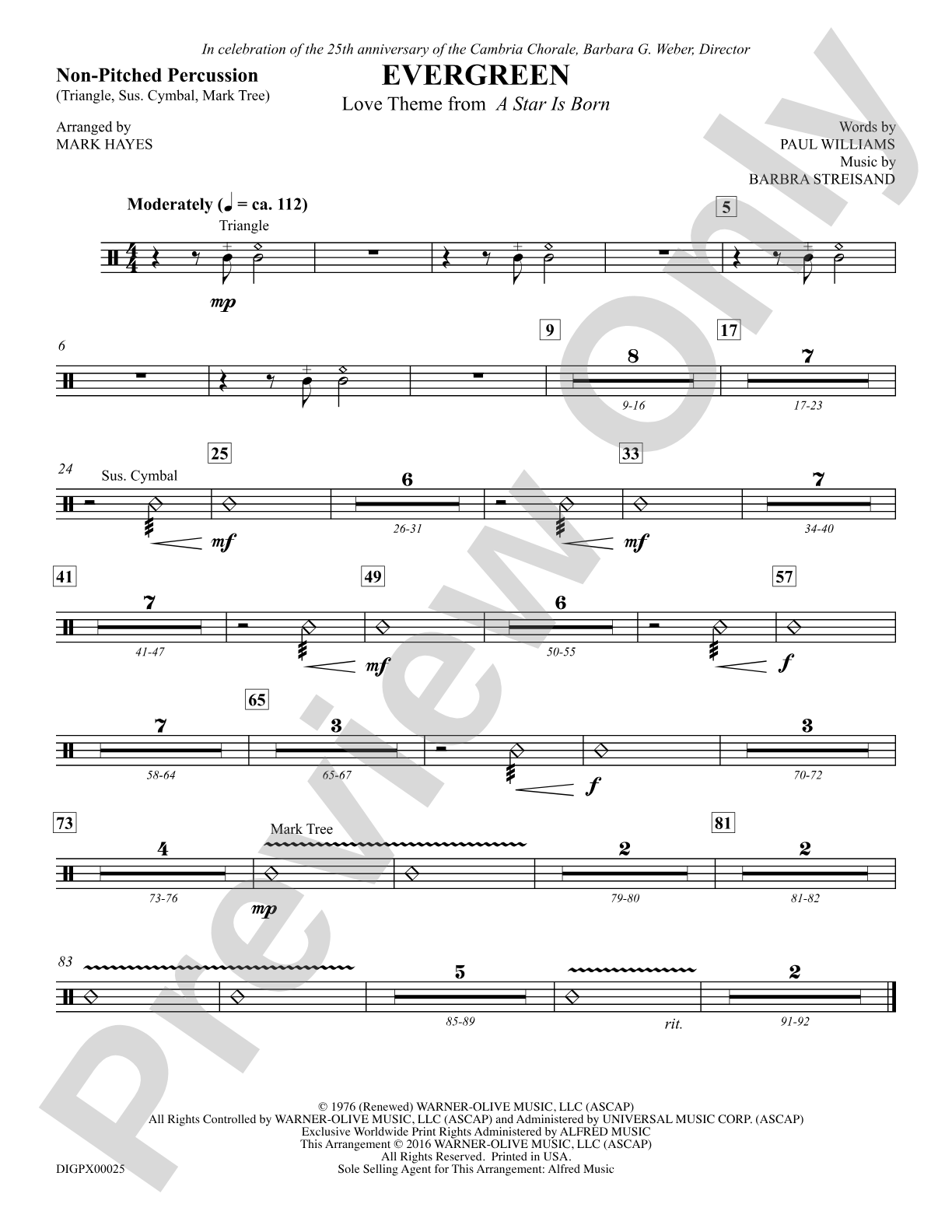 Evergreen (Love Theme from <i>A Star Is Born</i>): Non-Pitched Percussion: Choral SoundPax
