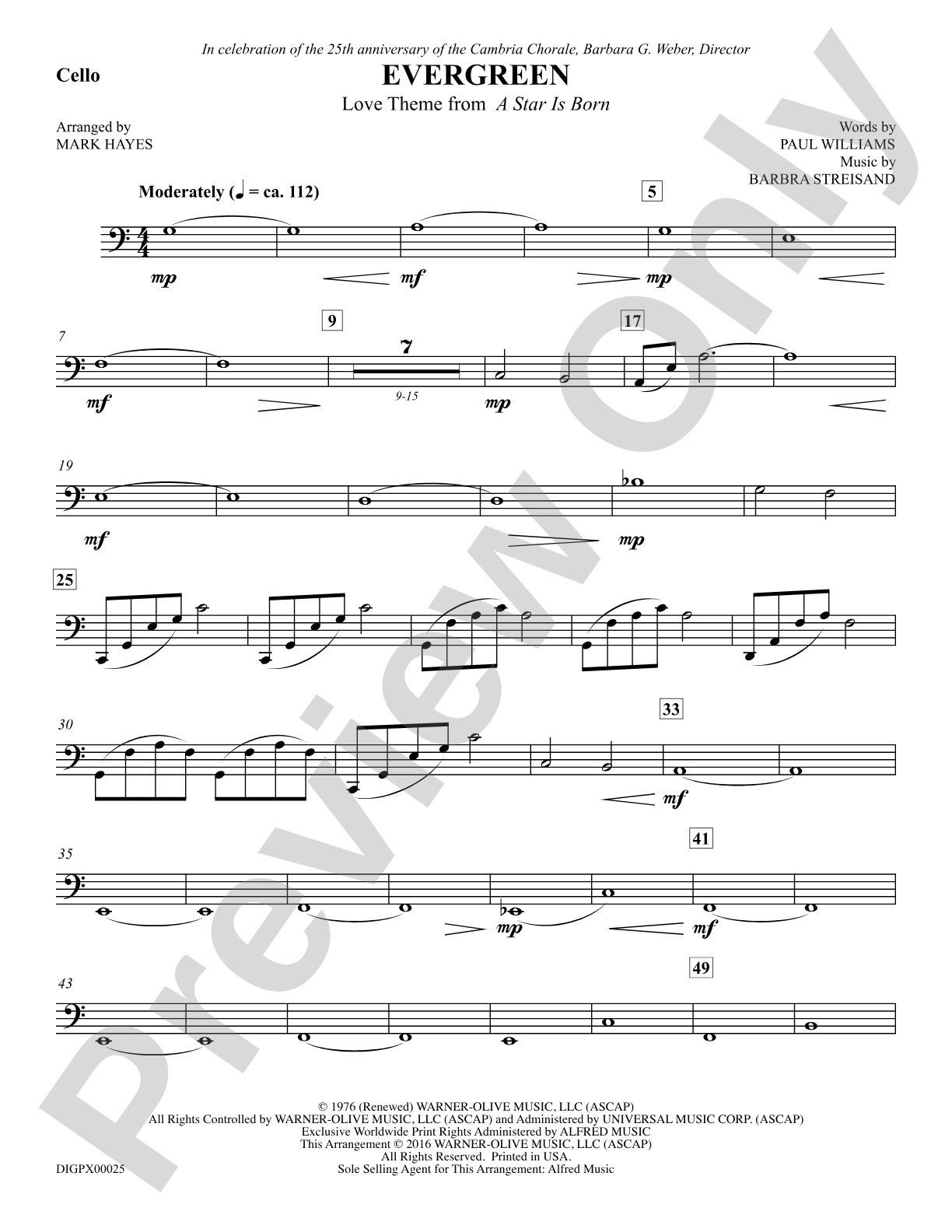 Evergreen (Love Theme from <i>A Star Is Born</i>): Cello: Choral SoundPax