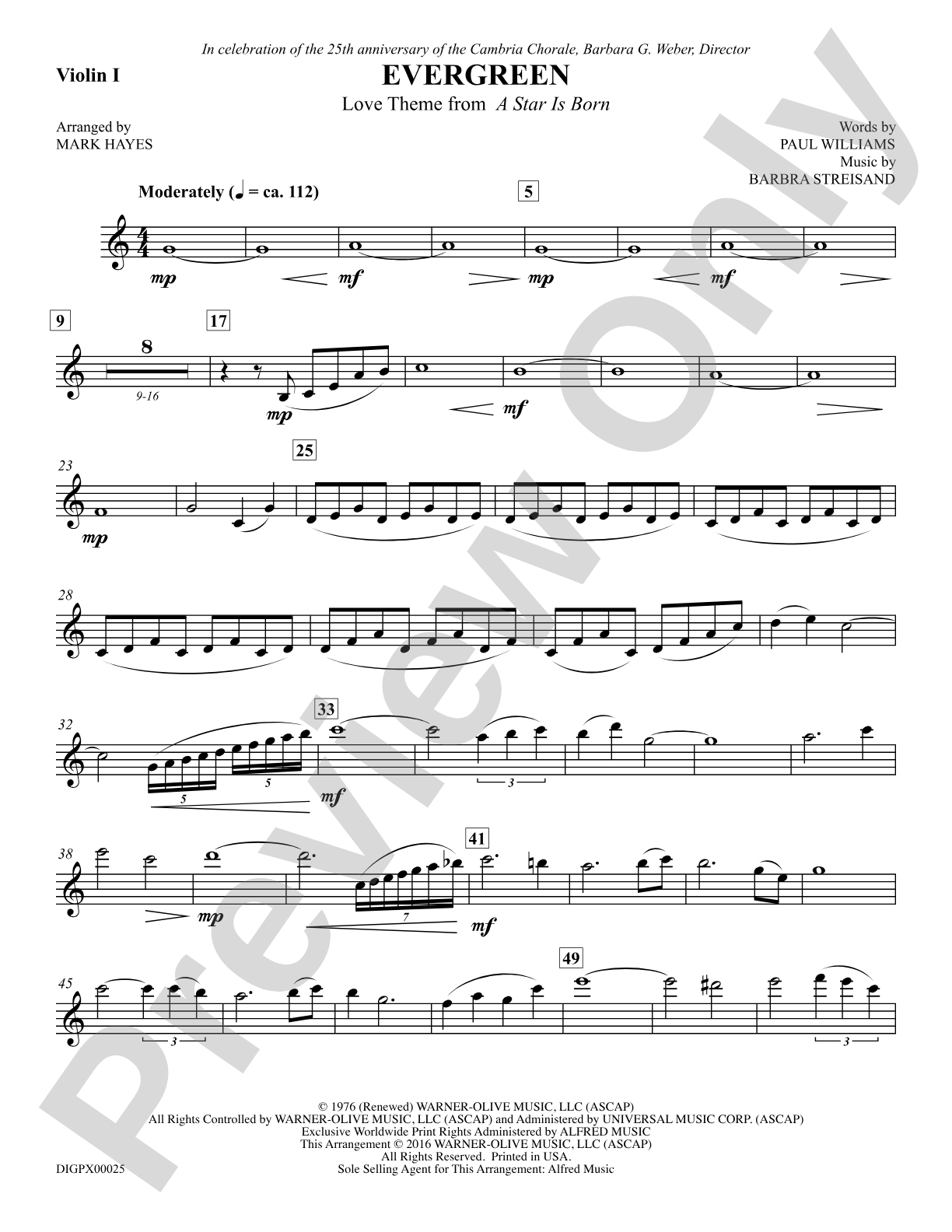 Evergreen (Love Theme from <i>A Star Is Born</i>): Violin I: Choral SoundPax