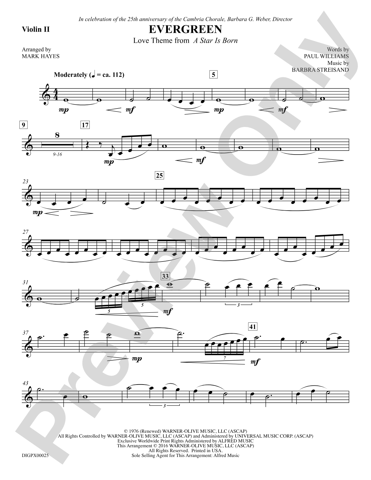 Evergreen (Love Theme from <i>A Star Is Born</i>): Violin II: Choral SoundPax