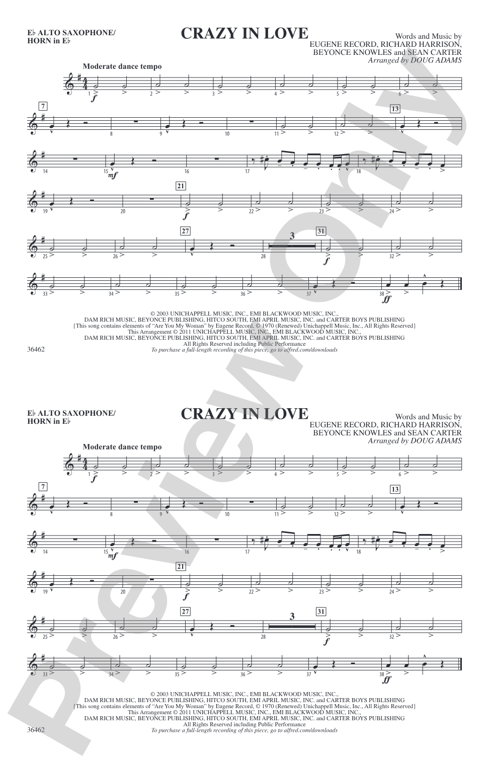 Crazy In Love: E-flat Alto Saxophone