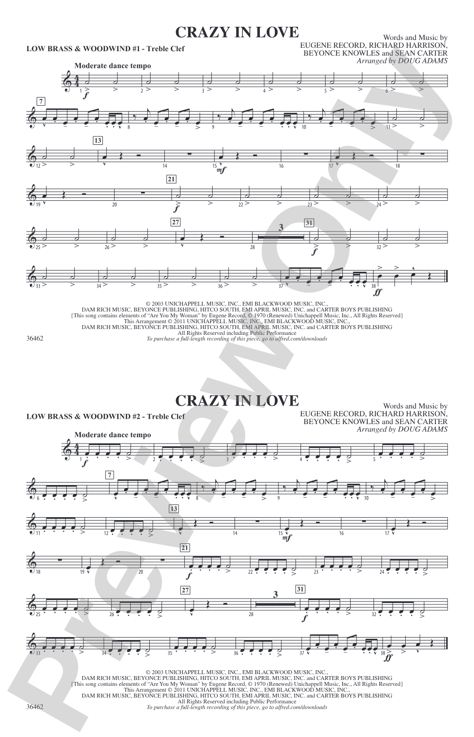 Crazy In Love: Low Brass & Woodwinds #1 - Treble Clef