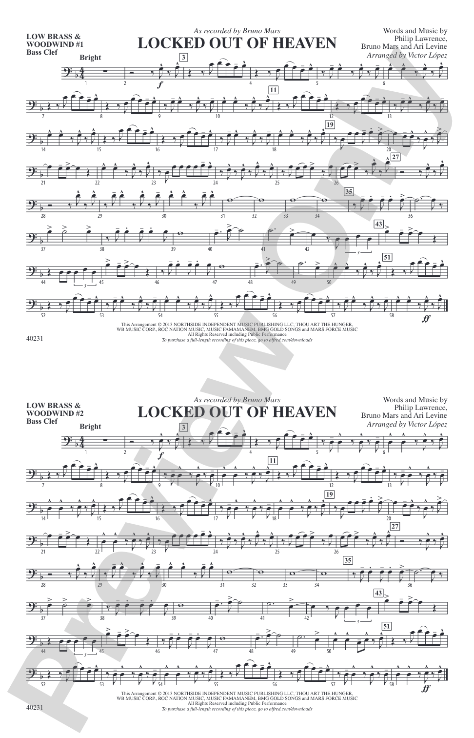 Locked Out of Heaven: Low Brass & Woodwinds #1 - Bass Clef