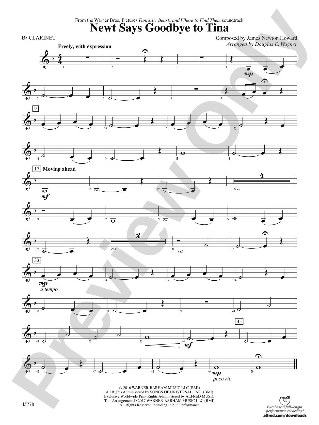 Newt Says Goodbye to Tina (from Fantastic Beasts and Where to Find Them): 1st B-flat Clarinet