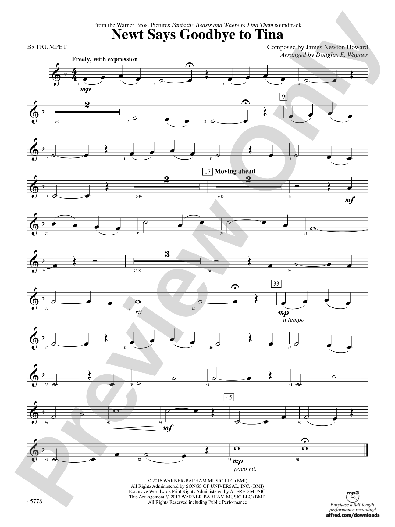 Newt Says Goodbye to Tina (from Fantastic Beasts and Where to Find Them): 1st B-flat Trumpet