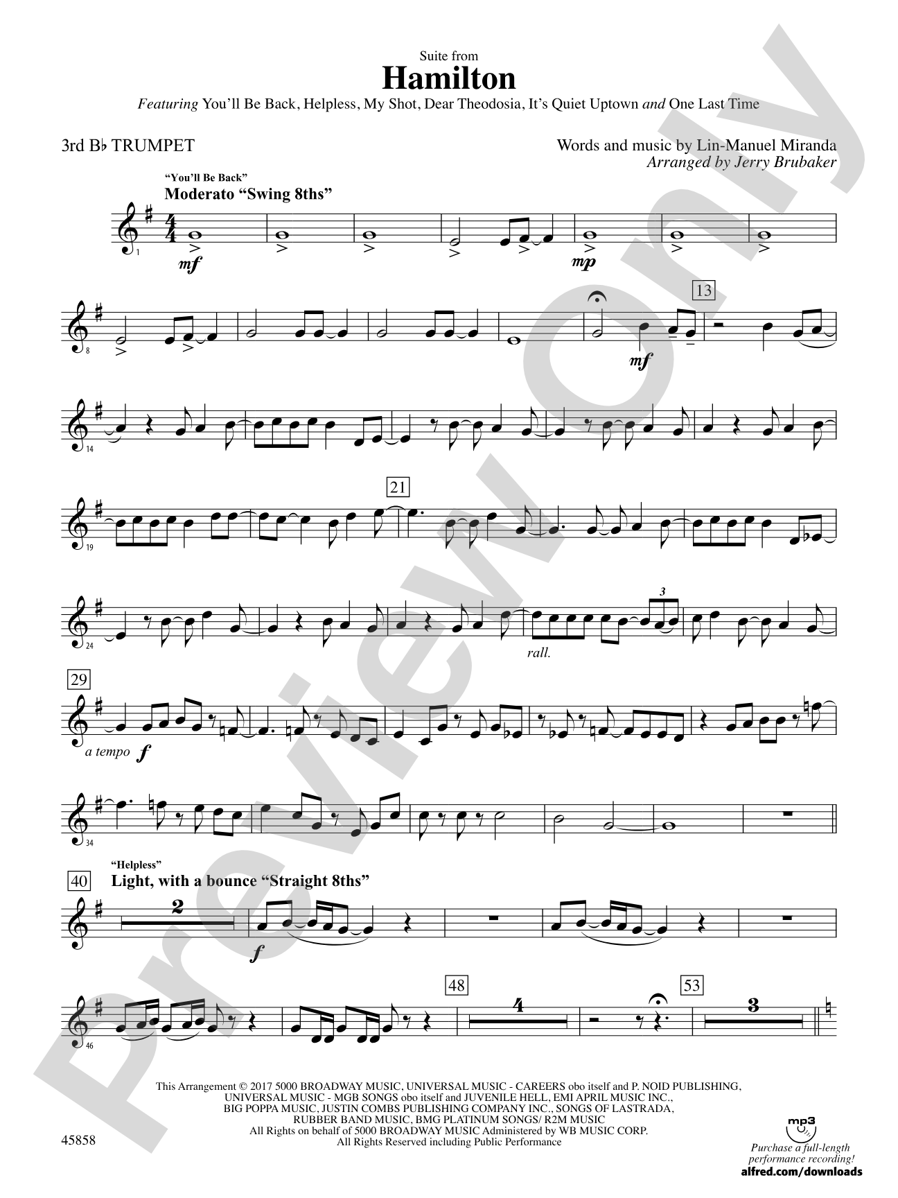 Hamilton, Suite from: 3rd B-flat Trumpet