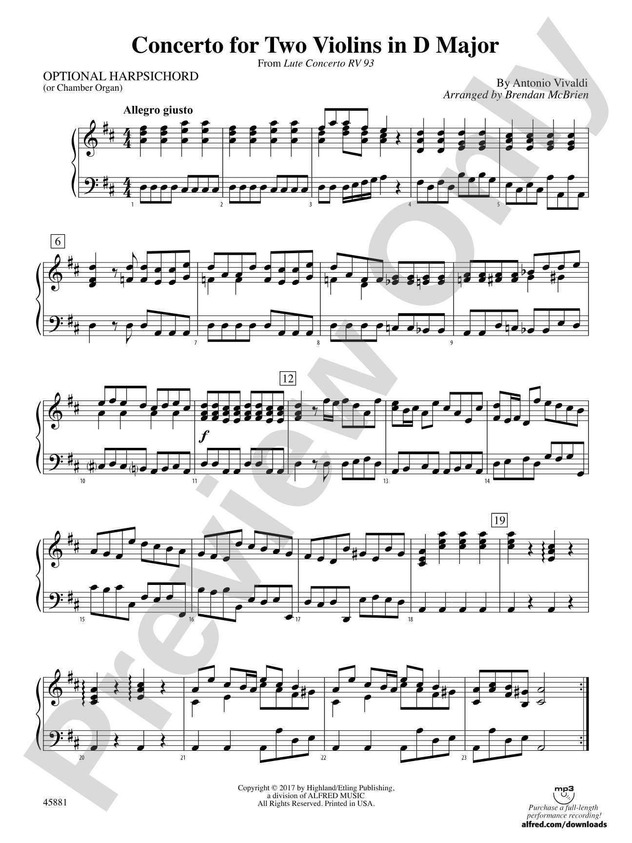 Concerto for Two Violins in D Major: Piano Accompaniment