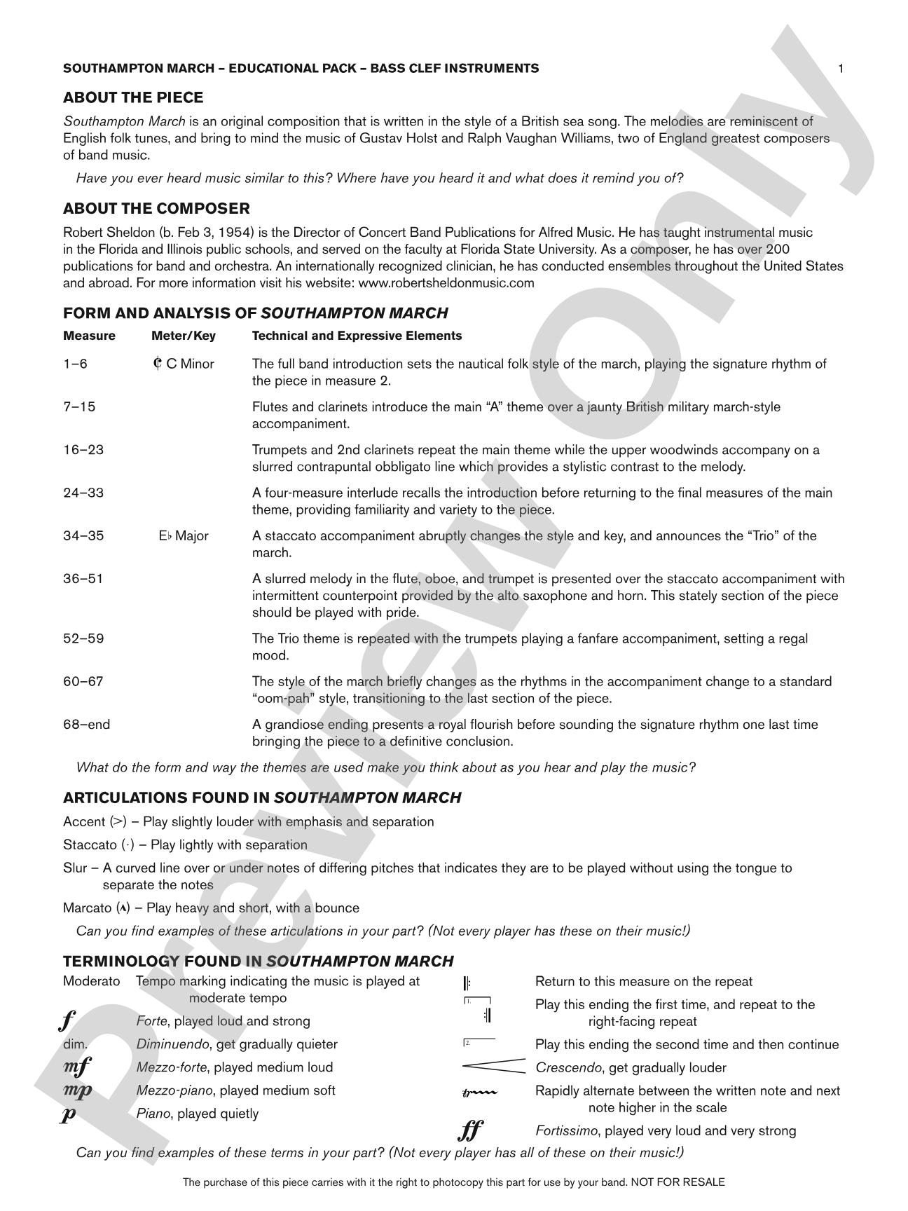 Southampton March: Bass Clef Educational Pack