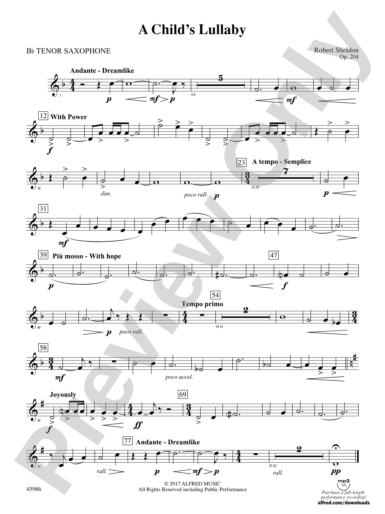 A Child's Lullaby: B-flat Tenor Saxophone