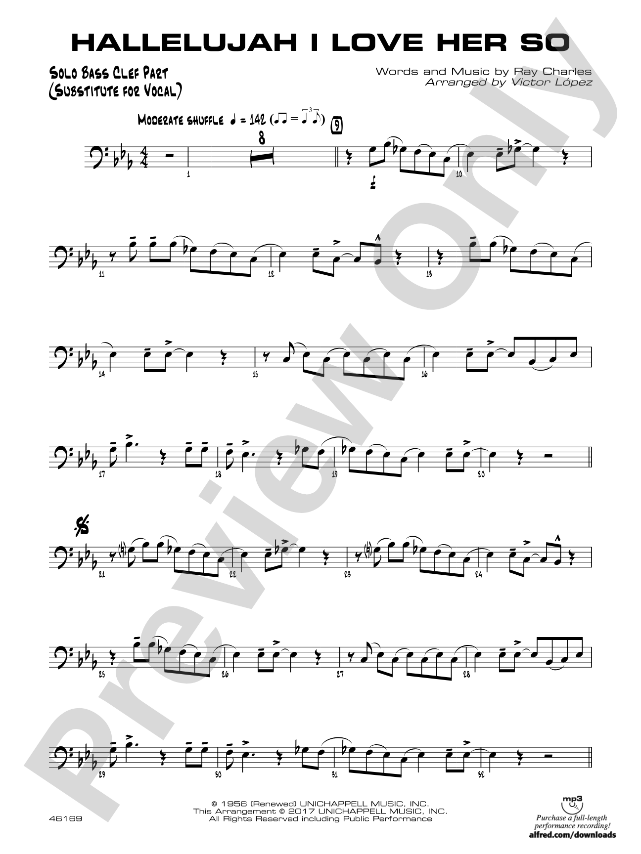 Hallelujah I Love Her So: Solo Bass Clef Part (Substitute for Vocal)