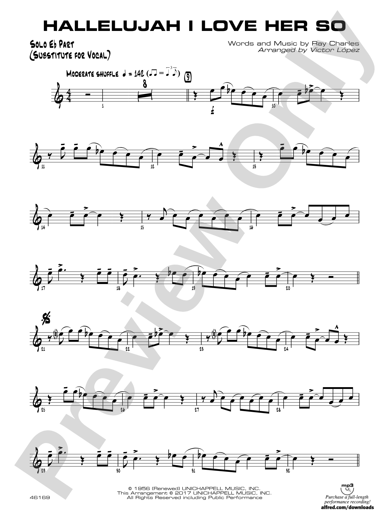 Hallelujah I Love Her So: Solo Eb Part (Substitute for Vocal)