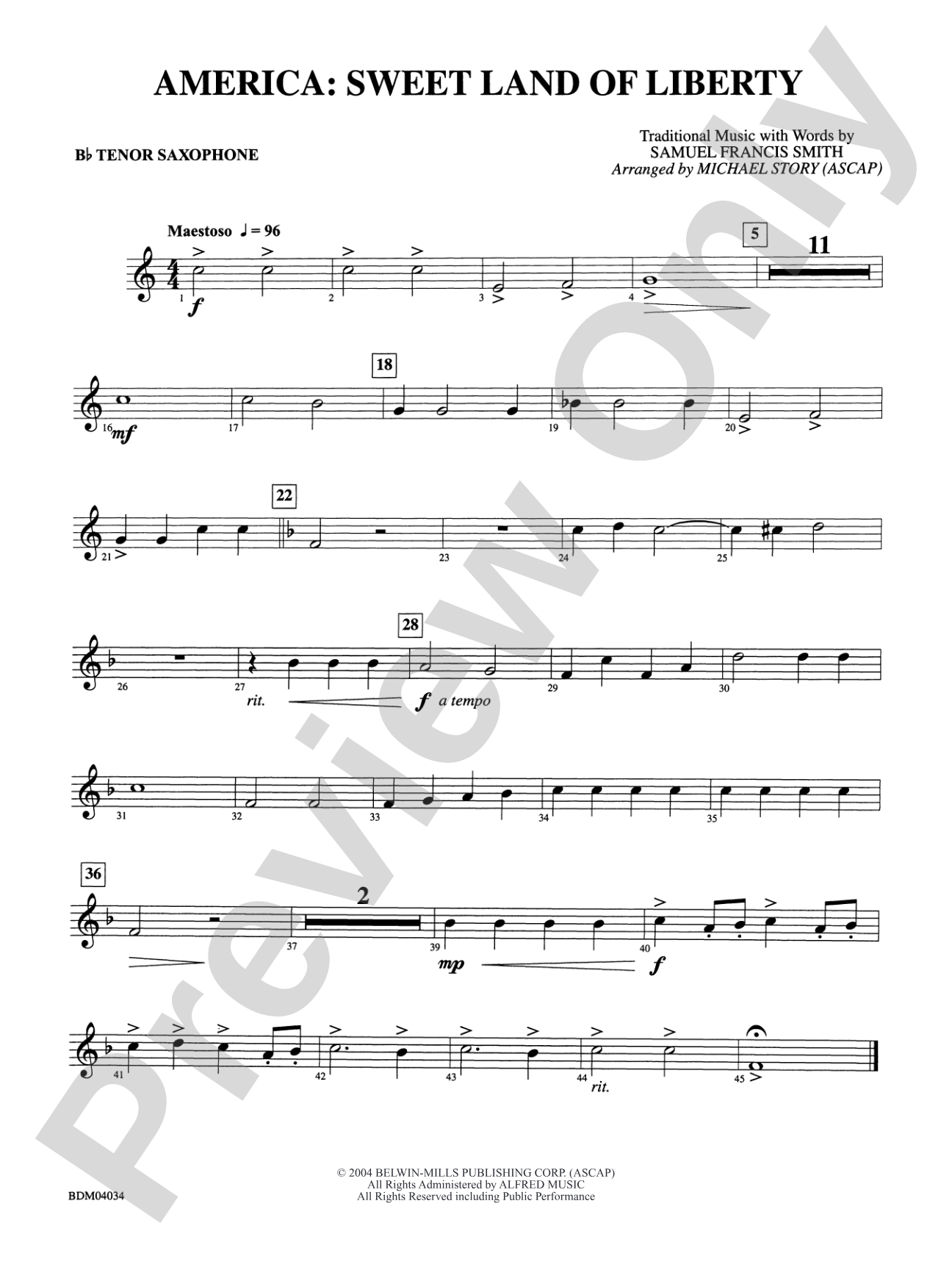 America: Sweet Land of Liberty: B-flat Tenor Saxophone