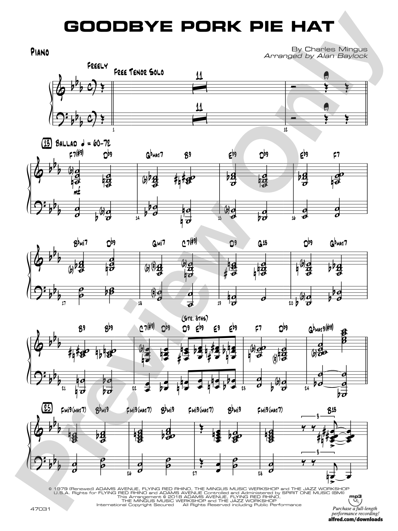 Goodbye Pork Pie Hat: Piano Accompaniment