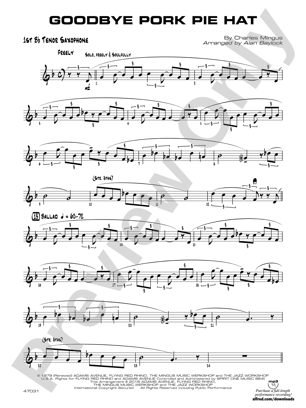 Goodbye Pork Pie Hat: B-flat Tenor Saxophone