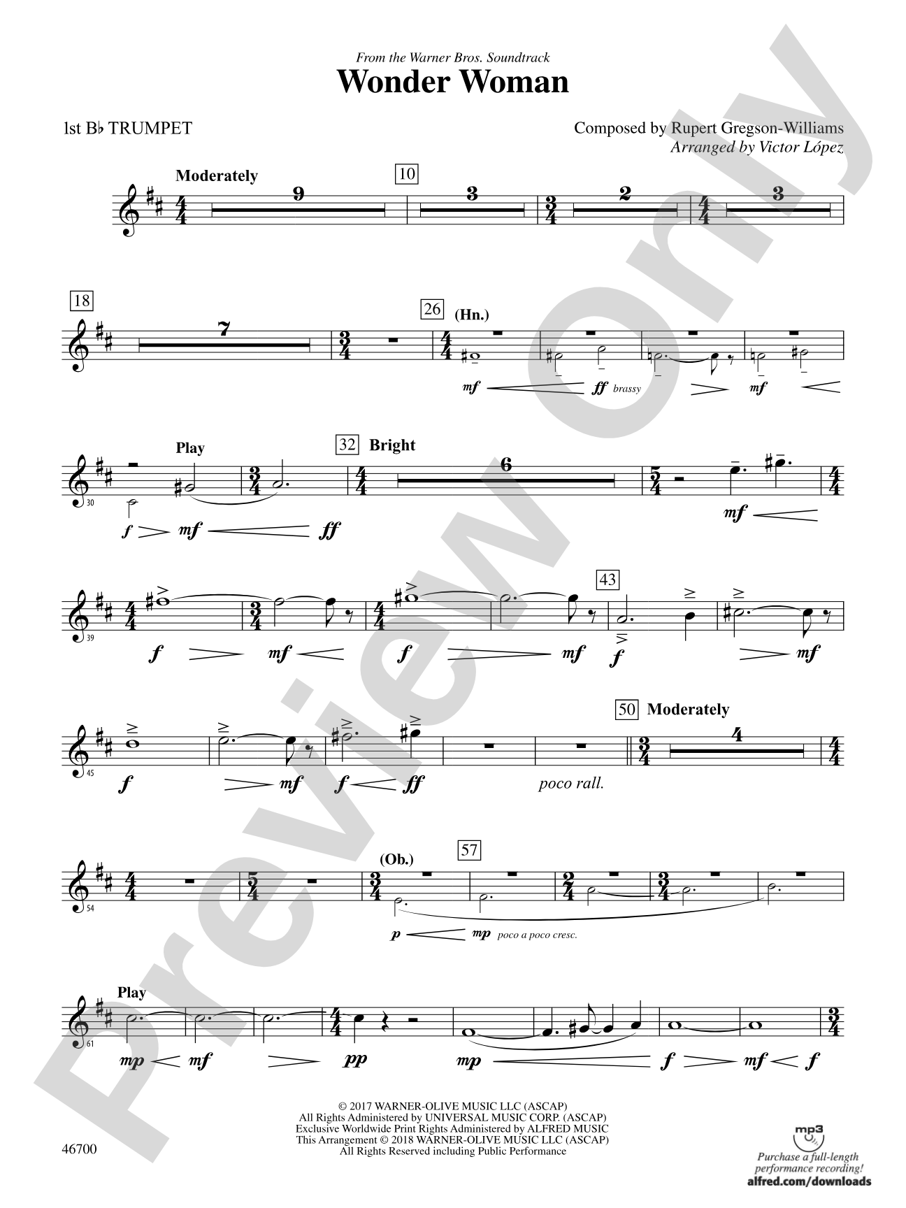 Wonder Woman: From the Warner Bros. Soundtrack: 1st B-flat Trumpet