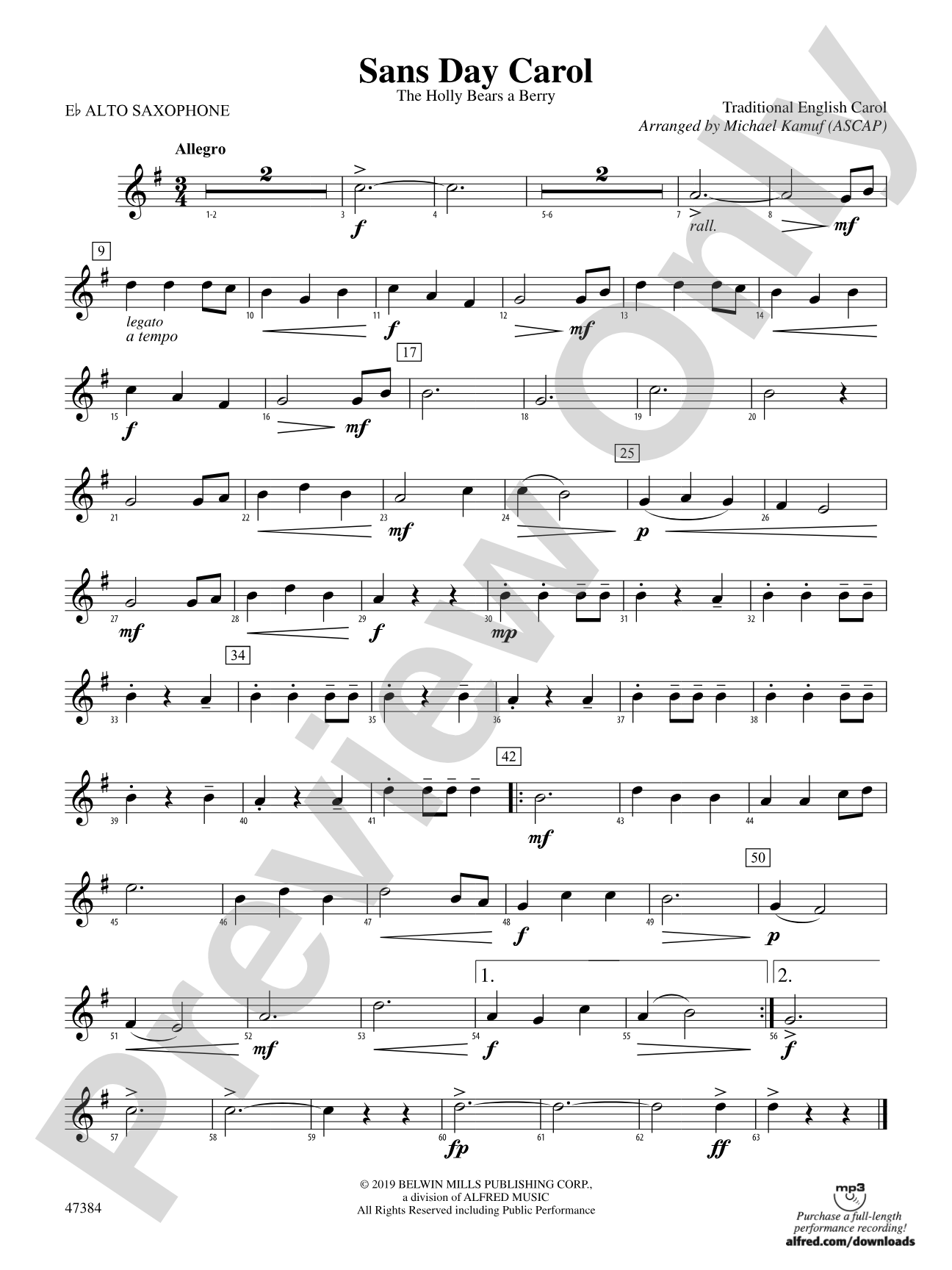 Sans Day Carol: E-flat Alto Saxophone