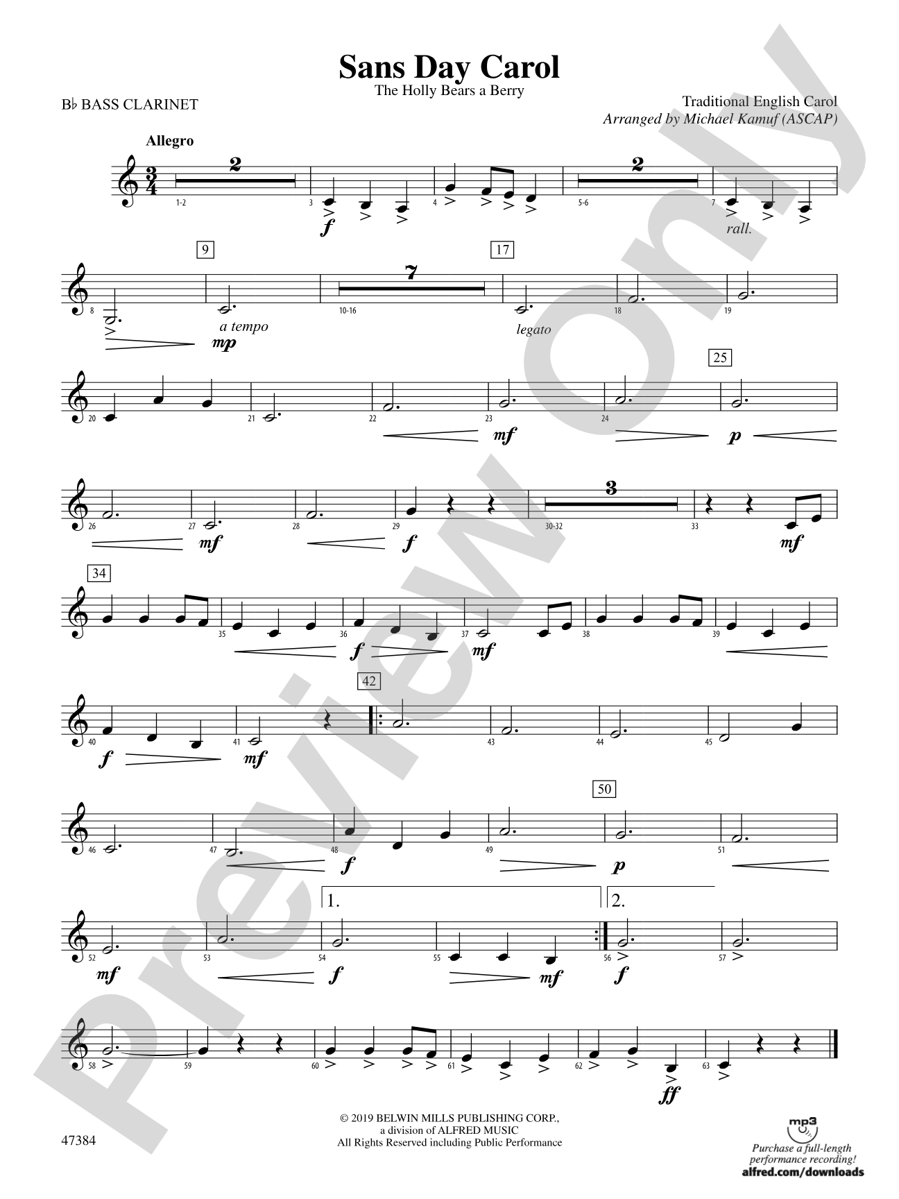 Sans Day Carol: B-flat Bass Clarinet