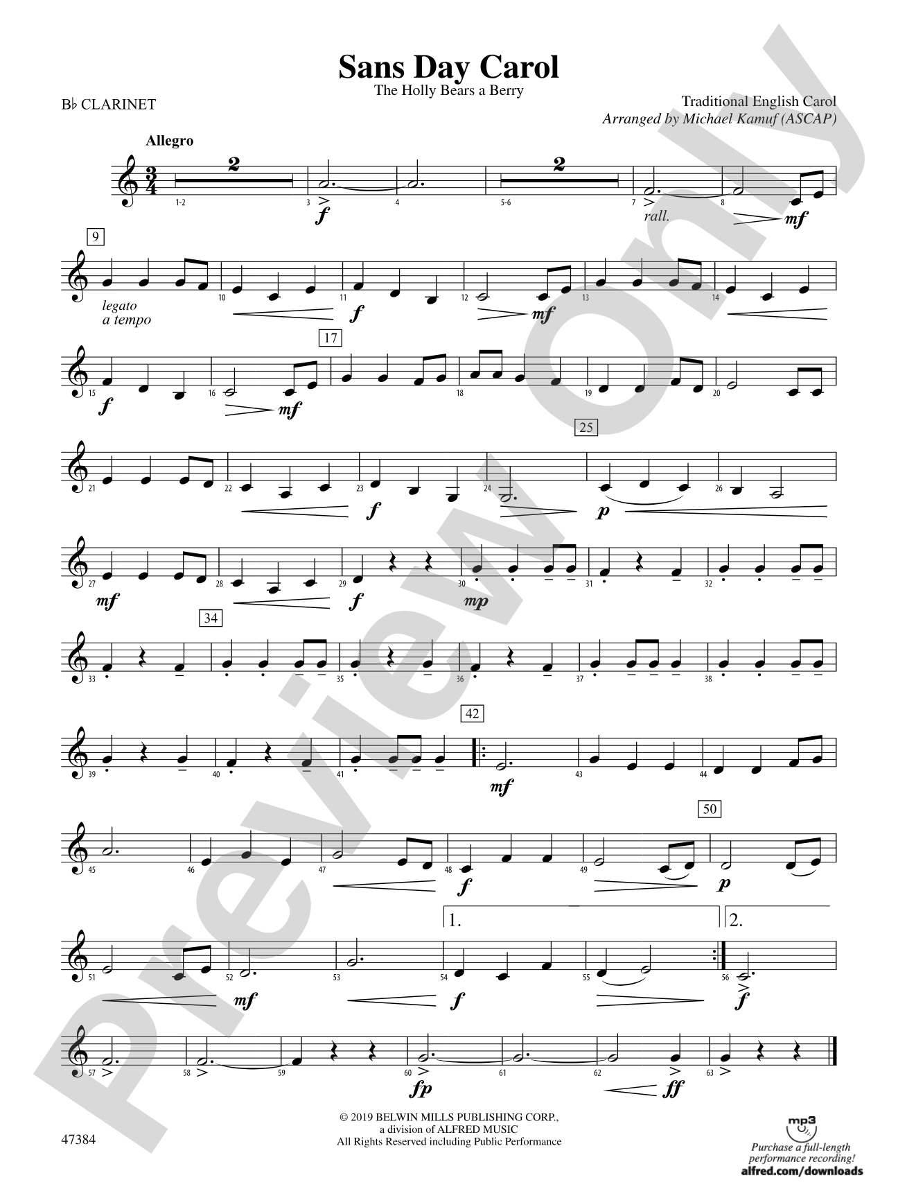 Sans Day Carol: 1st B-flat Clarinet