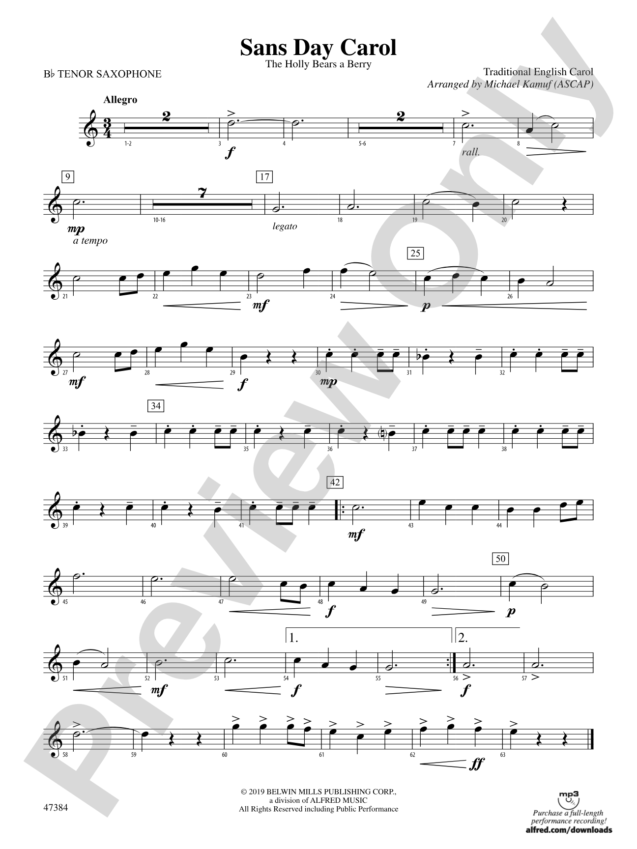 Sans Day Carol: B-flat Tenor Saxophone