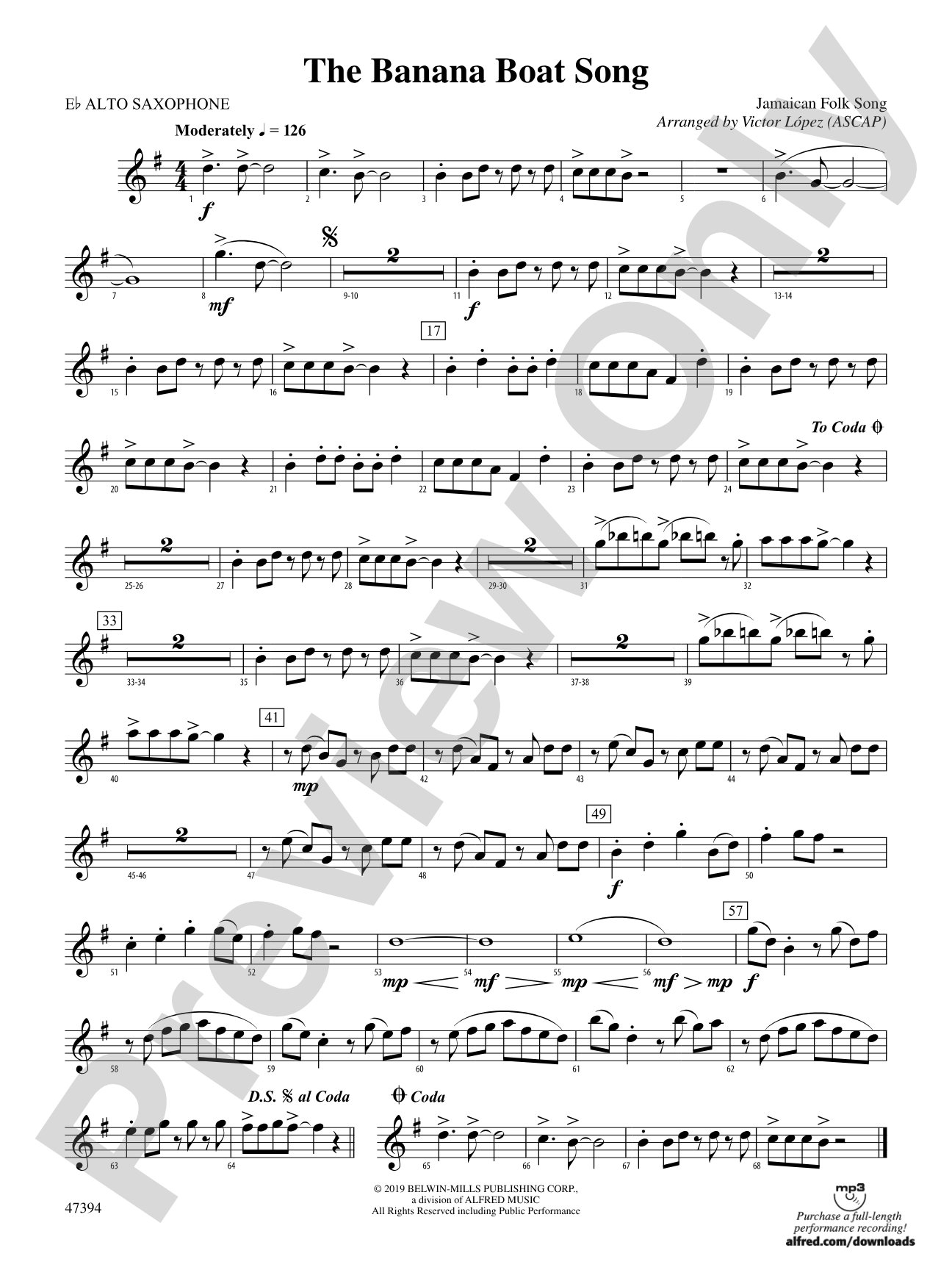 The Banana Boat Song: E-flat Alto Saxophone
