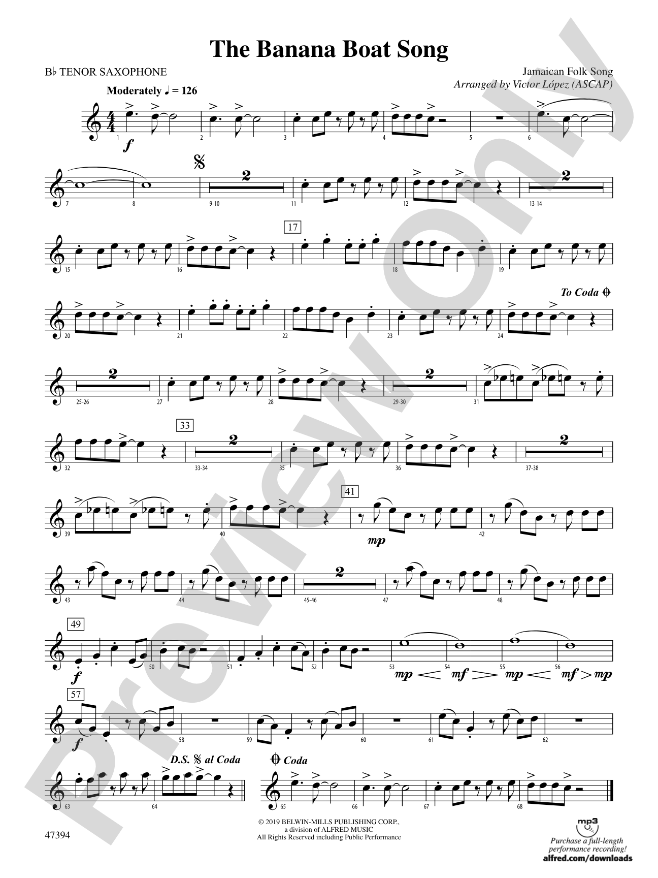 The Banana Boat Song: B-flat Tenor Saxophone