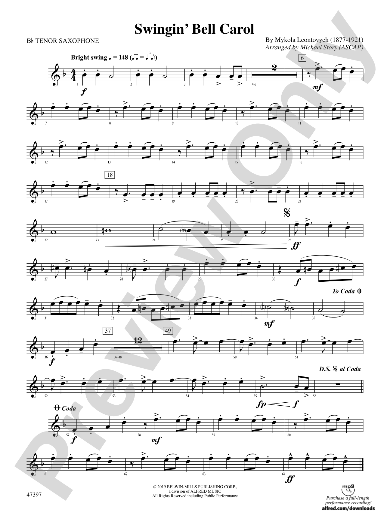 Swingin' Bell Carol: B-flat Tenor Saxophone
