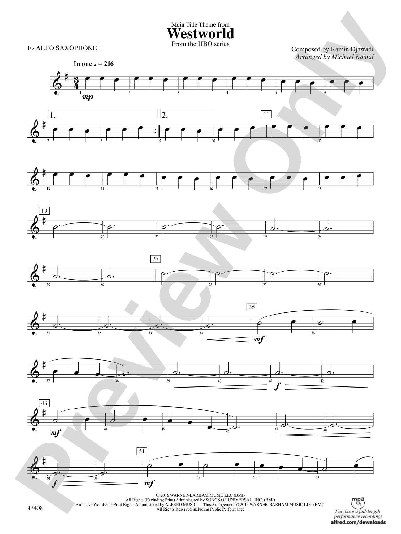 Main Title Theme from Westworld: E-flat Alto Saxophone