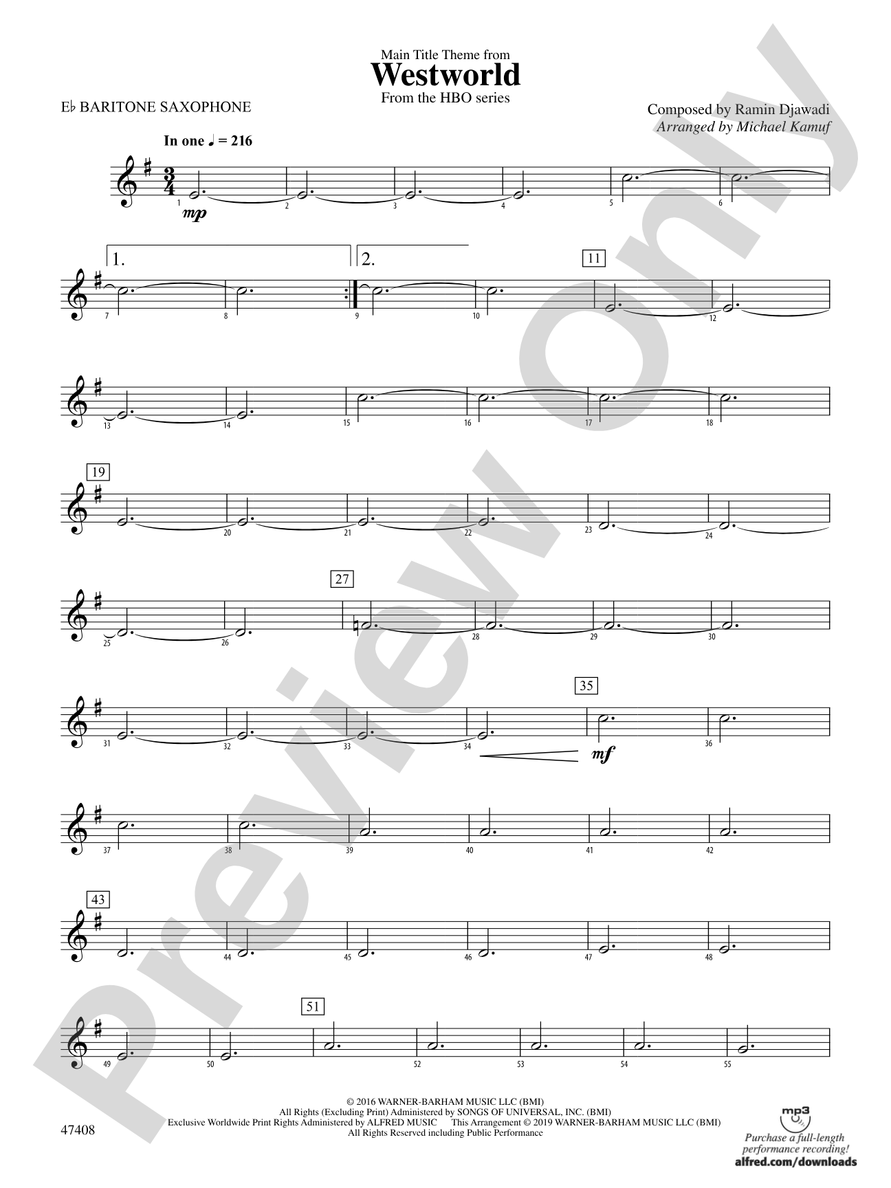 Main Title Theme from Westworld: E-flat Baritone Saxophone