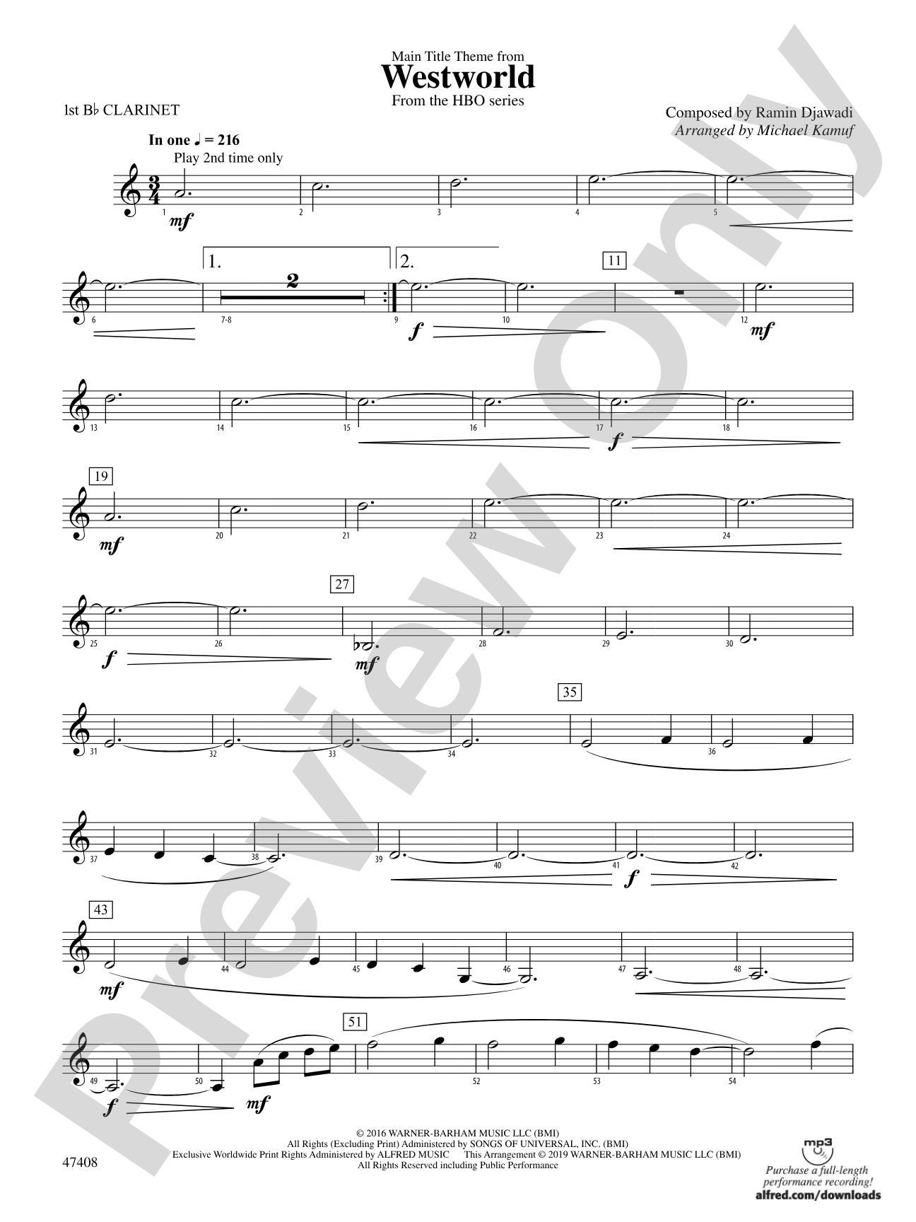 Main Title Theme from Westworld: 1st B-flat Clarinet