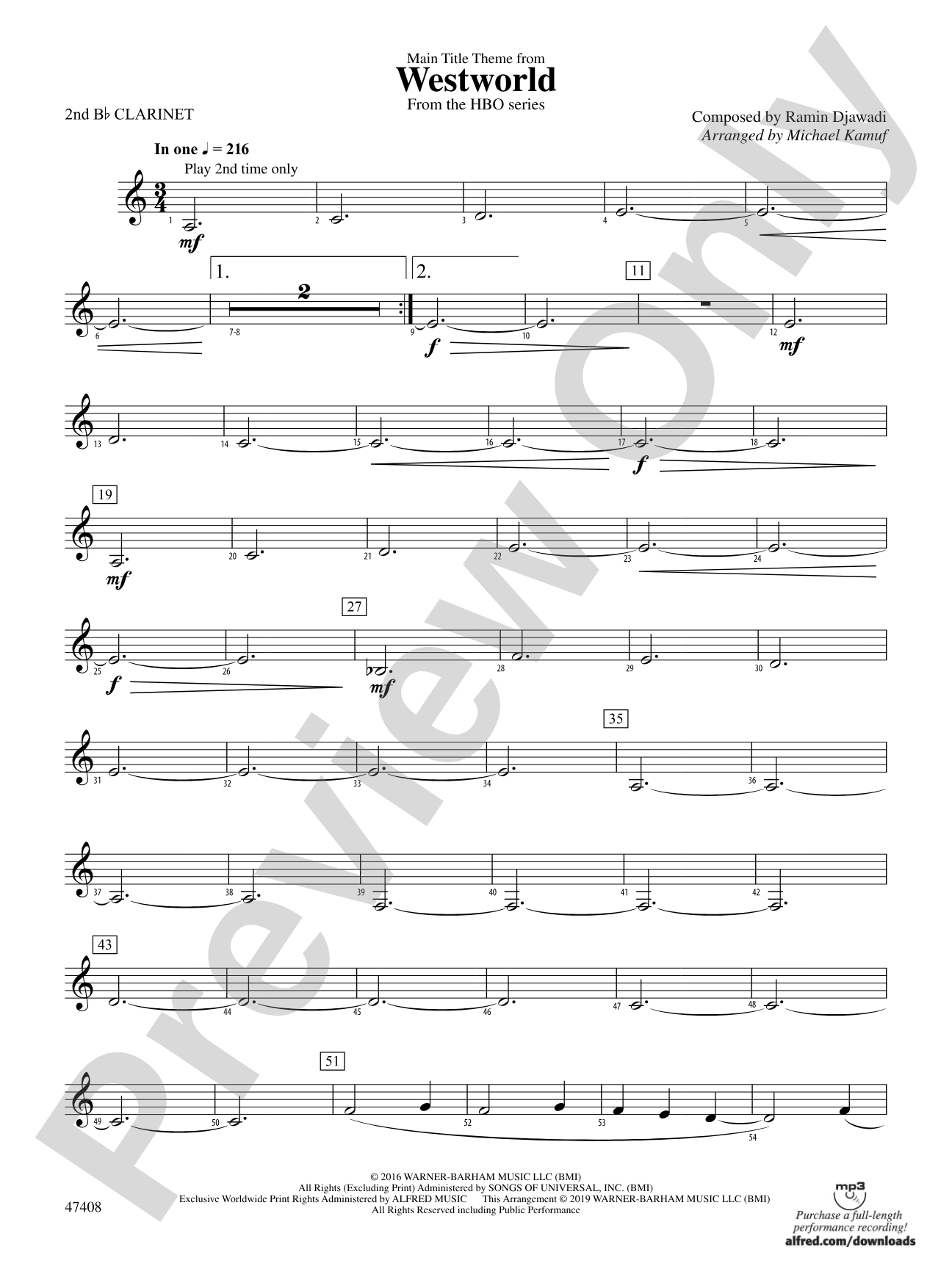 Main Title Theme from Westworld: 2nd B-flat Clarinet