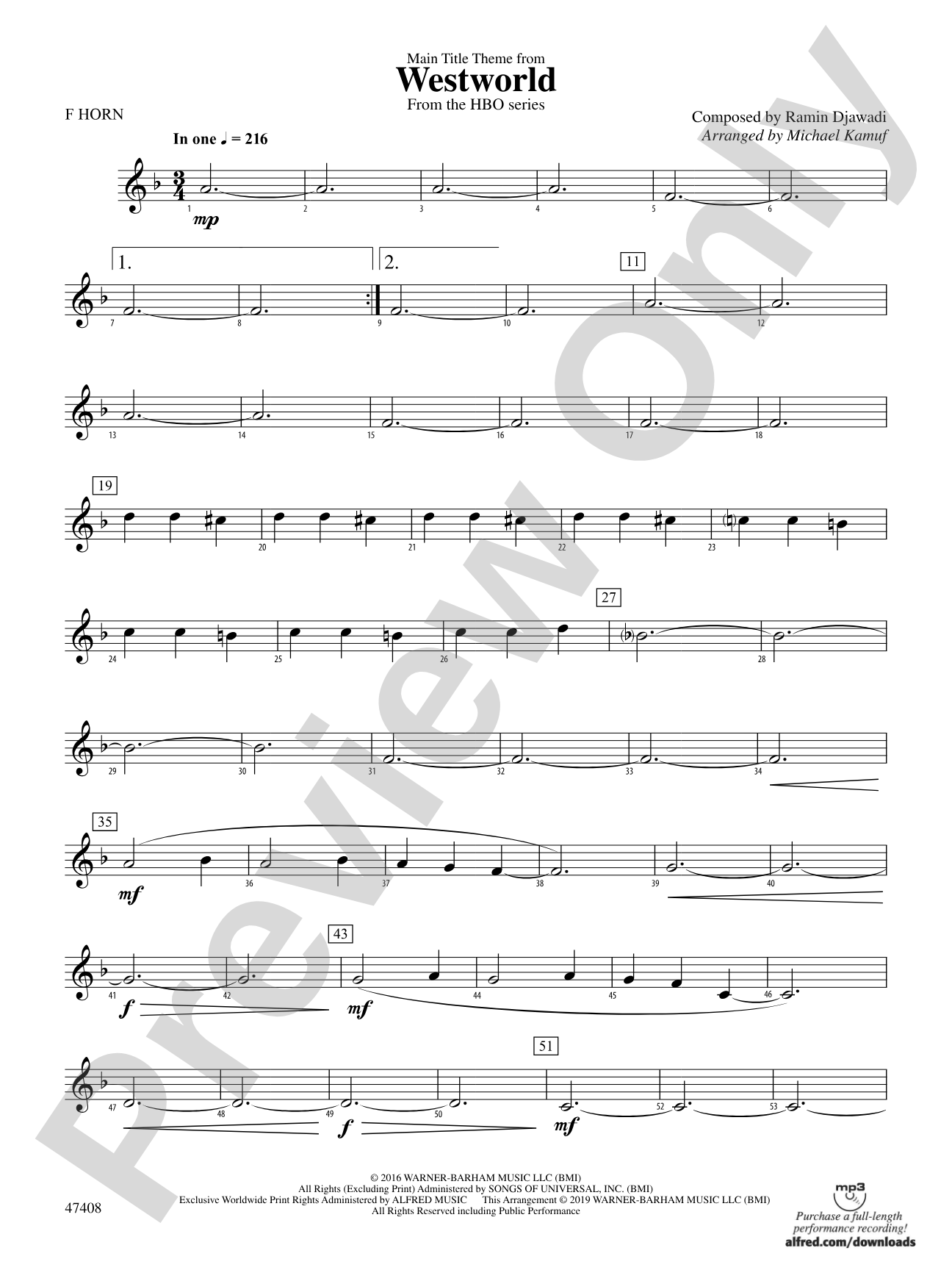 Main Title Theme from Westworld: 1st F Horn
