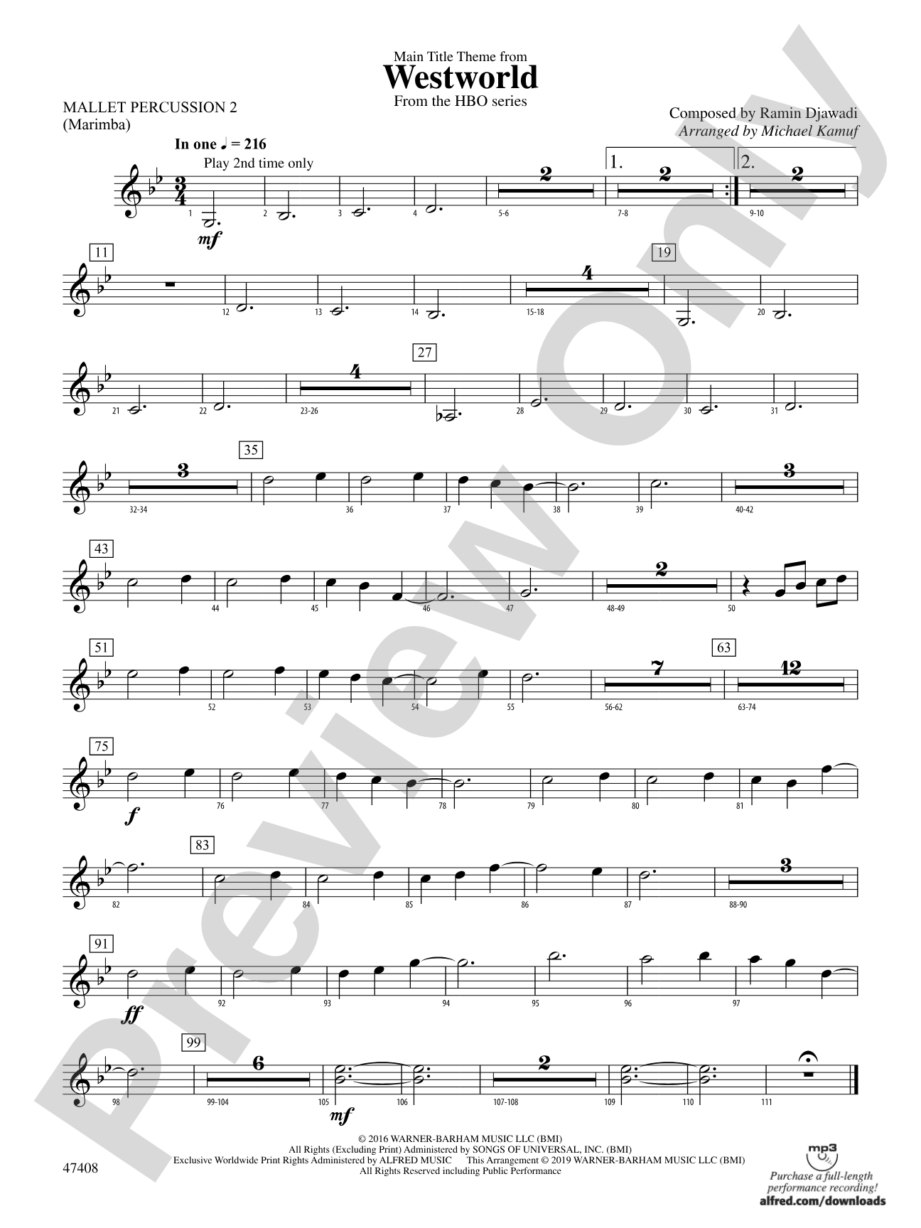 Main Title Theme from Westworld: 2nd Mallet Percussion
