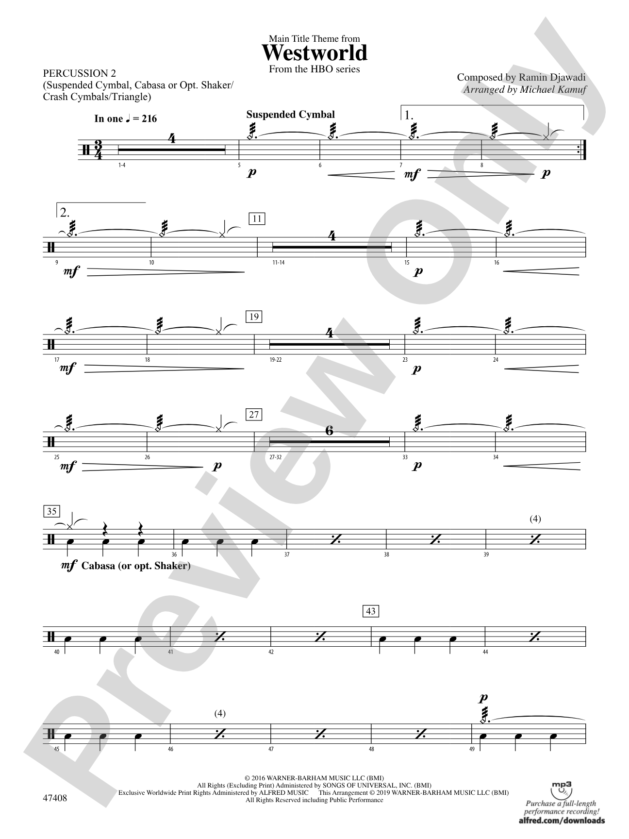 Main Title Theme from Westworld: 2nd Percussion