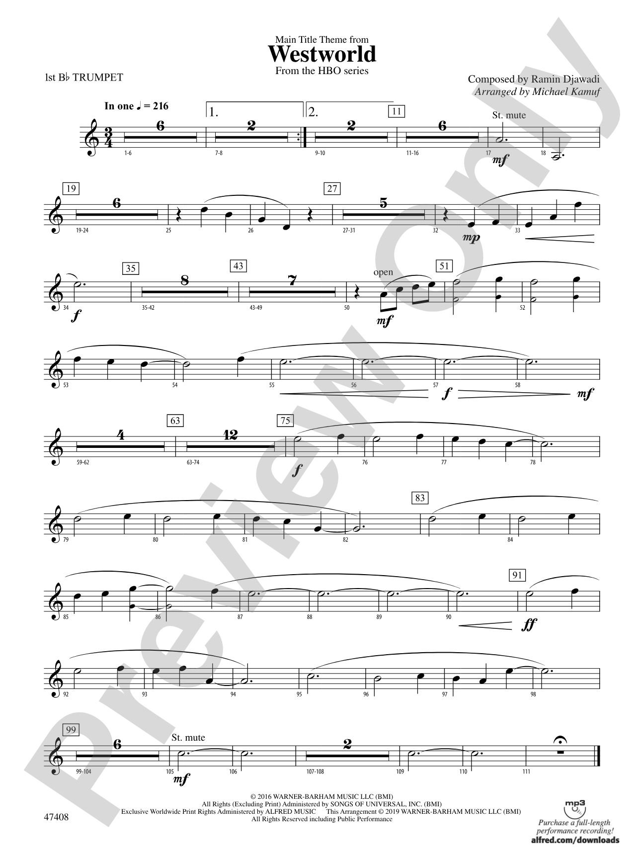 Main Title Theme from Westworld: 1st B-flat Trumpet