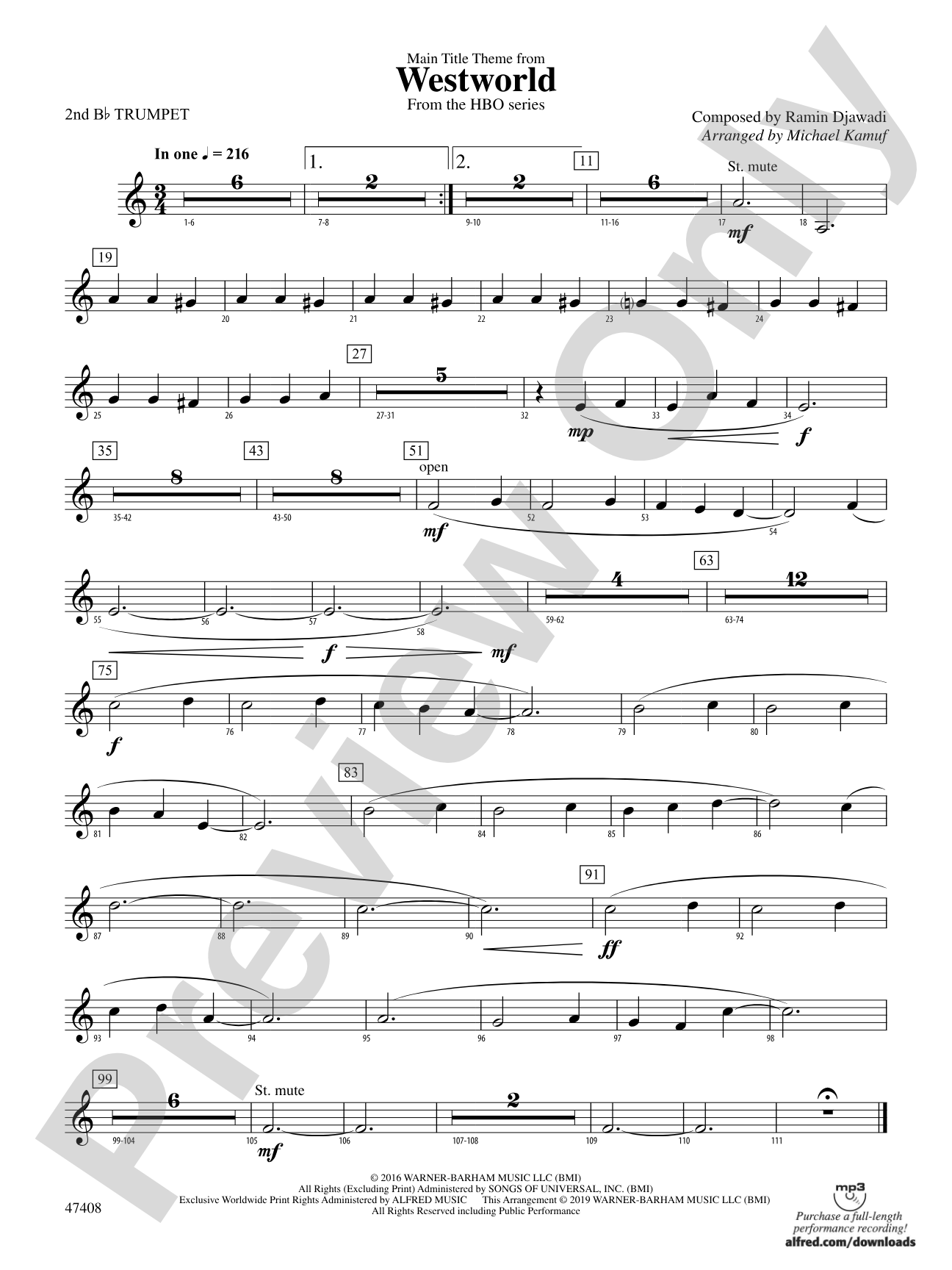 Main Title Theme from Westworld: 2nd B-flat Trumpet