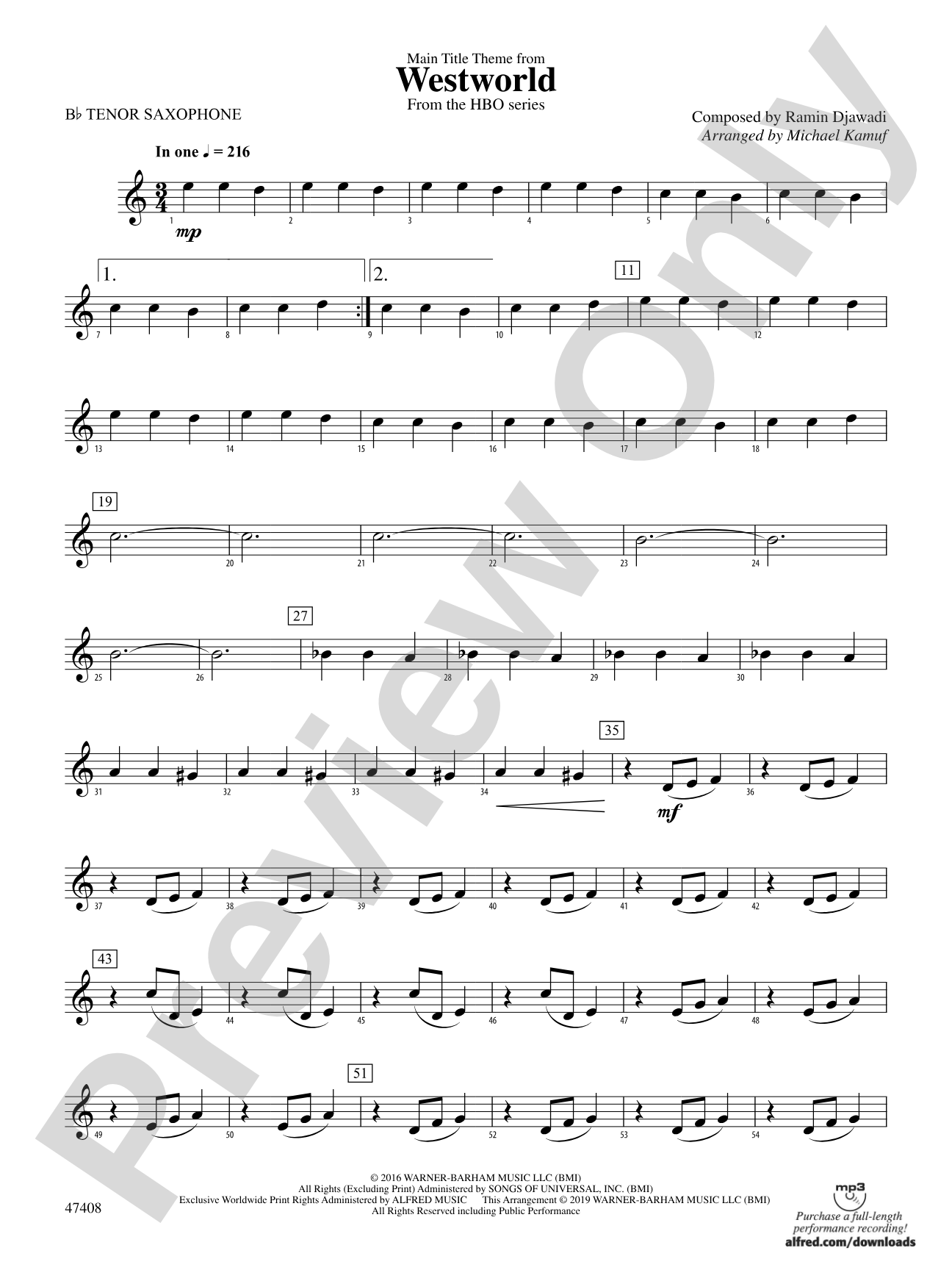 Main Title Theme from Westworld: B-flat Tenor Saxophone