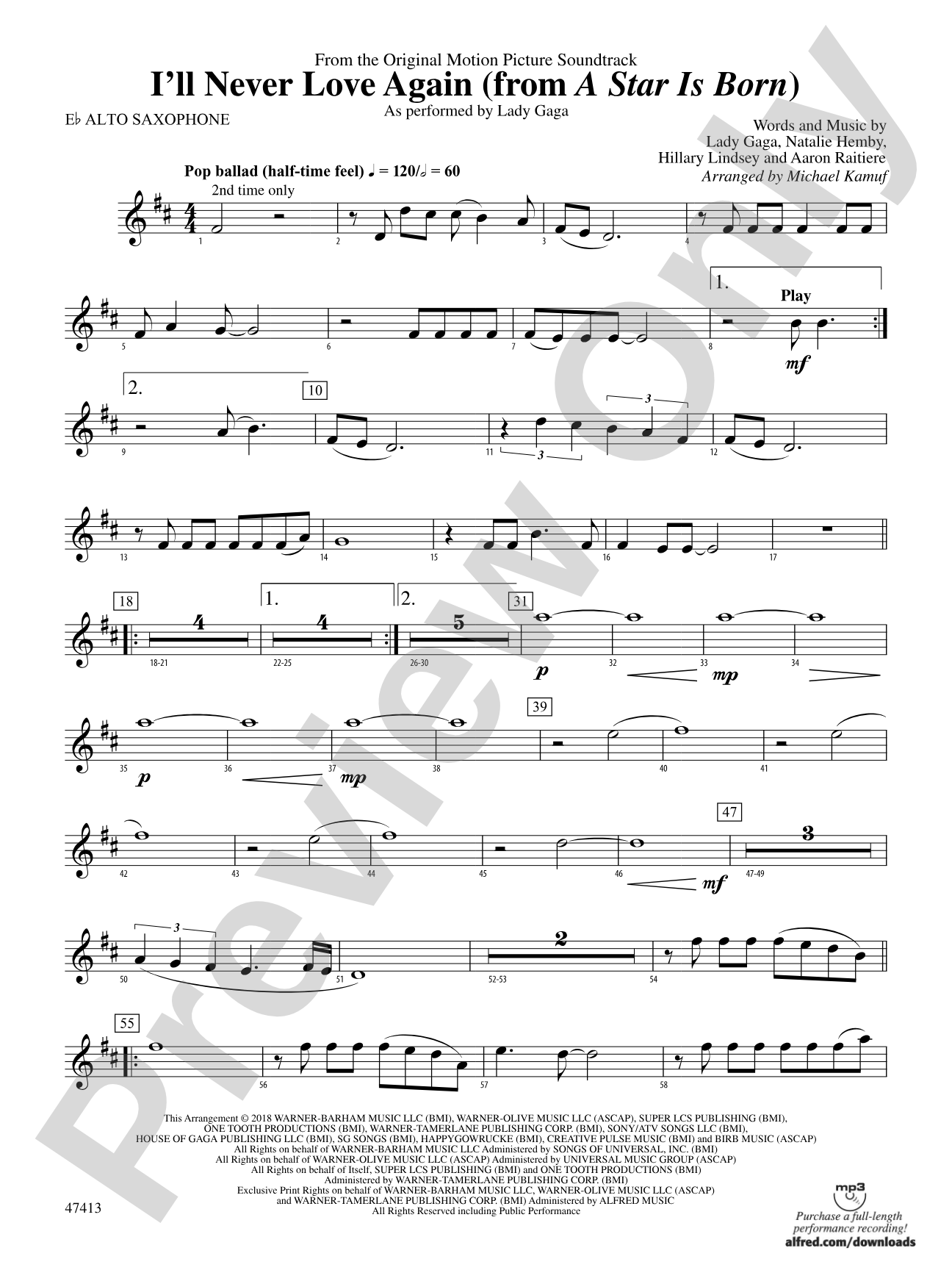 I'll Never Love Again (from A Star Is Born): E-flat Alto Saxophone