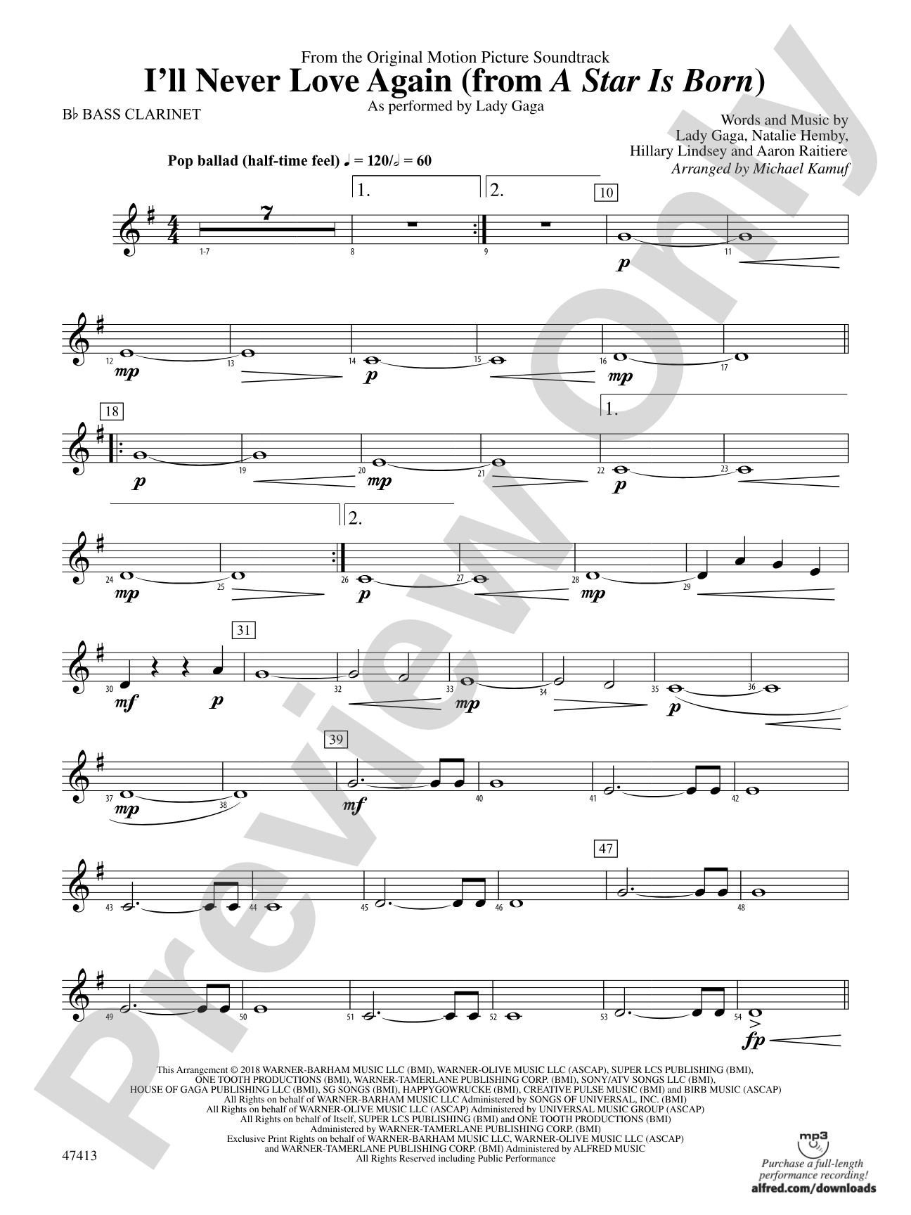 I'll Never Love Again (from A Star Is Born): B-flat Bass Clarinet