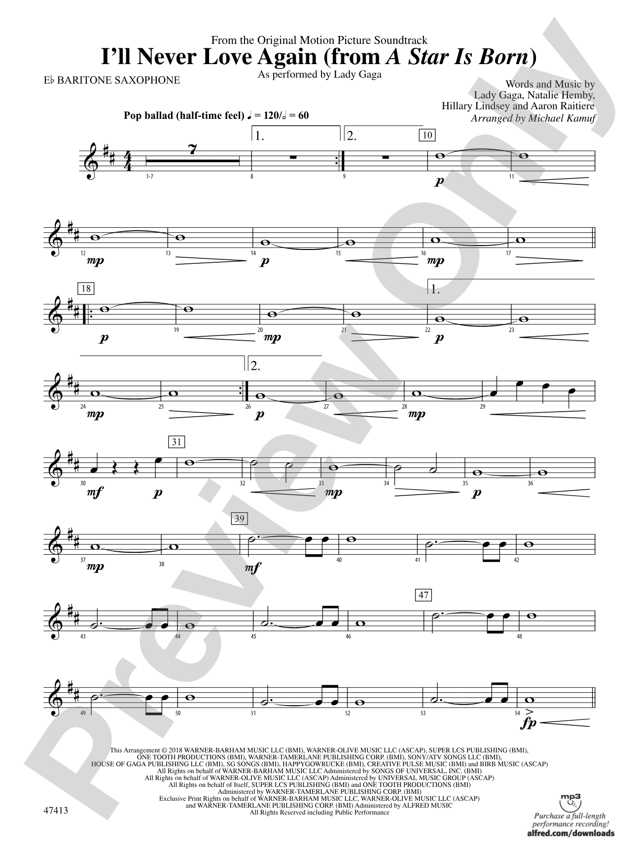 I'll Never Love Again (from A Star Is Born): E-flat Baritone Saxophone
