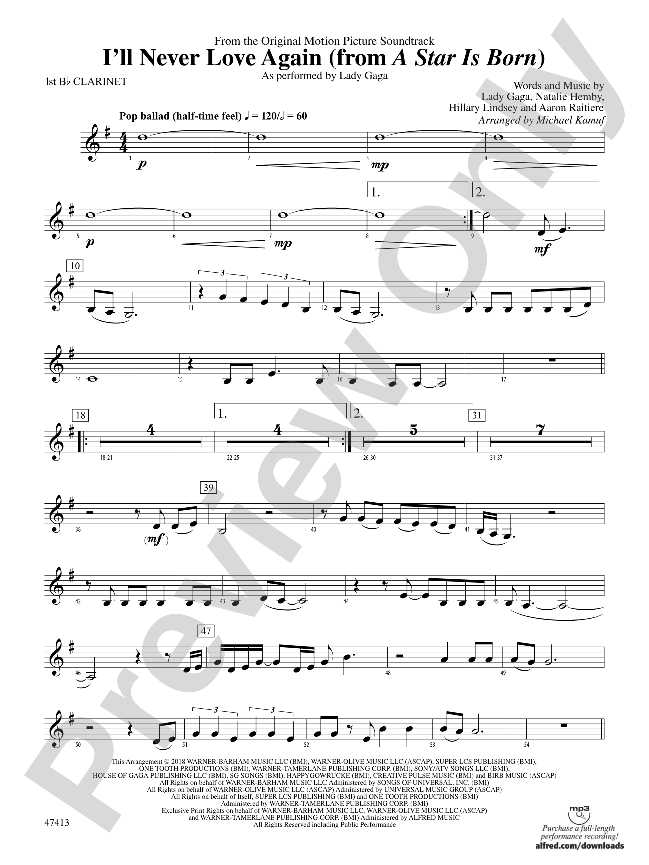 I'll Never Love Again (from A Star Is Born): 1st B-flat Clarinet