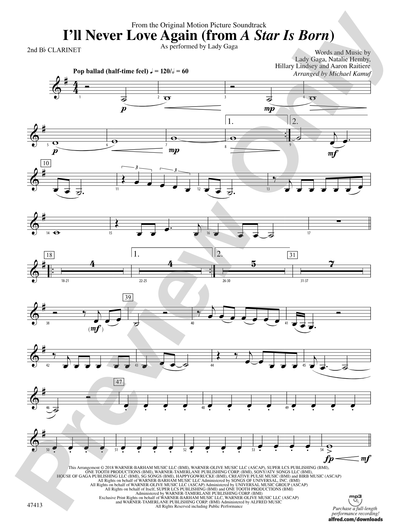 I'll Never Love Again (from A Star Is Born): 2nd B-flat Clarinet