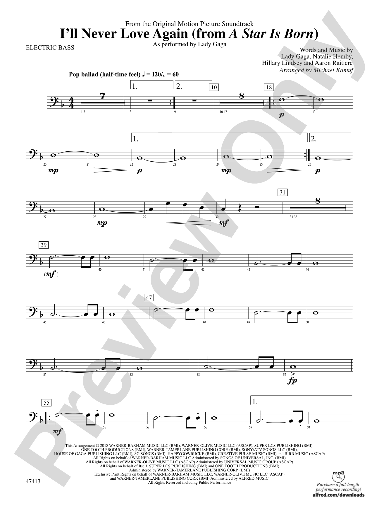 I'll Never Love Again (from A Star Is Born): Electric Bass